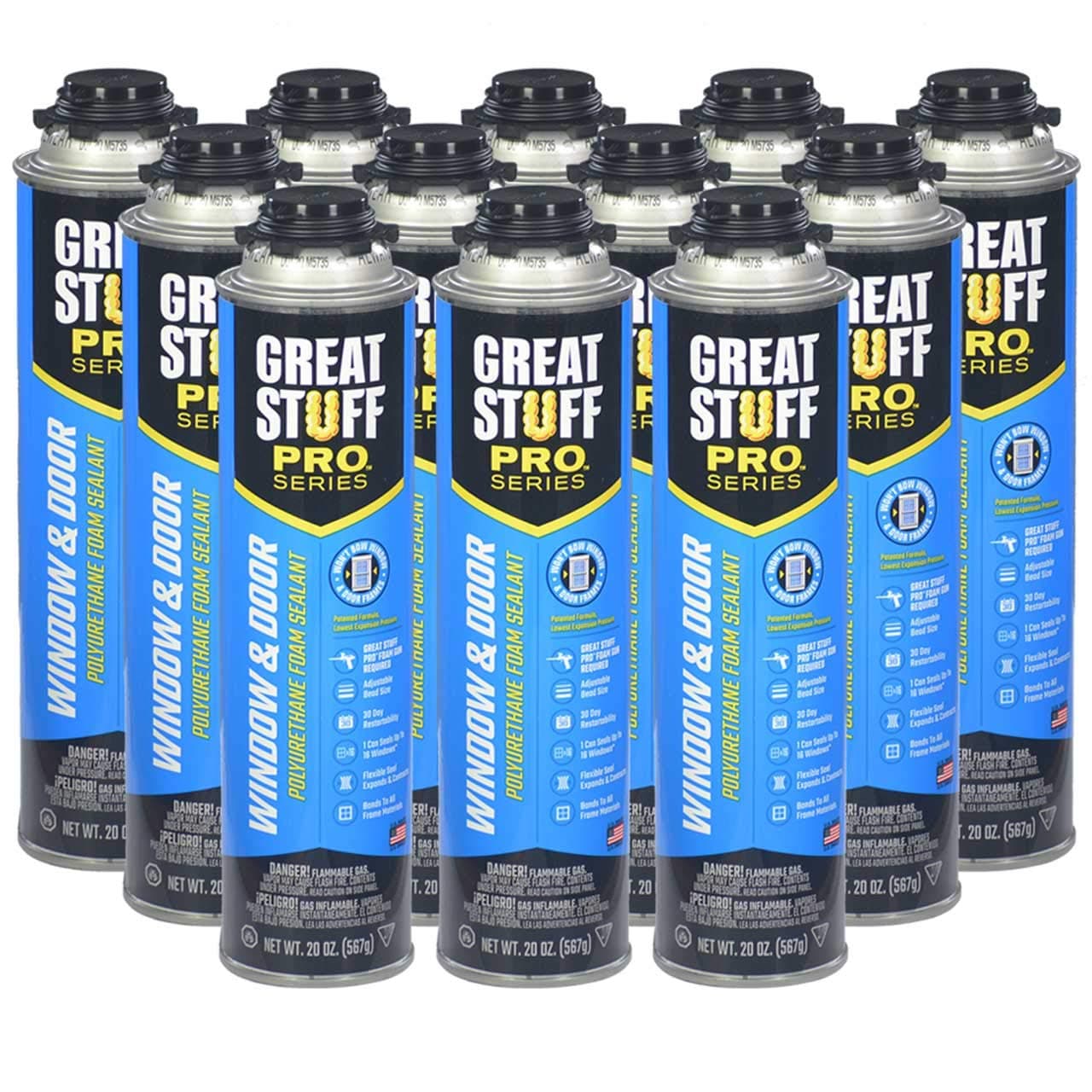 Great Stuff Pro Window & Door – 20 oz Low Expansion, Insulation Foam Sealant – Polyurethane Spray Foam Seals Up to 16 Windows, Pack of 12