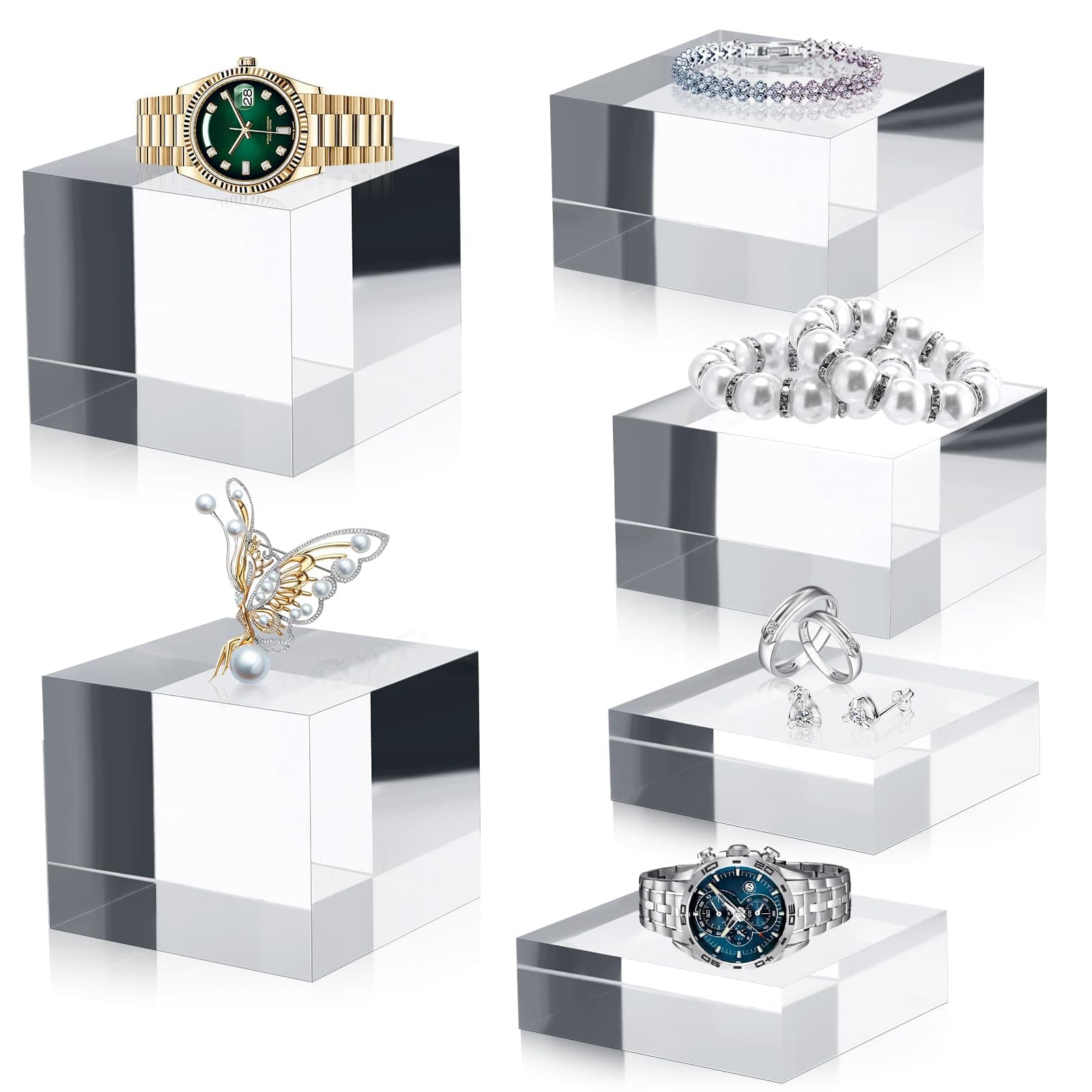 6 Pcs Acrylic Square Display Block Clear Polished Acrylic Cube Solid Display Risers Stands Pedestal Stand for Small Jewelry Perfume Photography Collection food Doll Wedding Christmas 3 Size