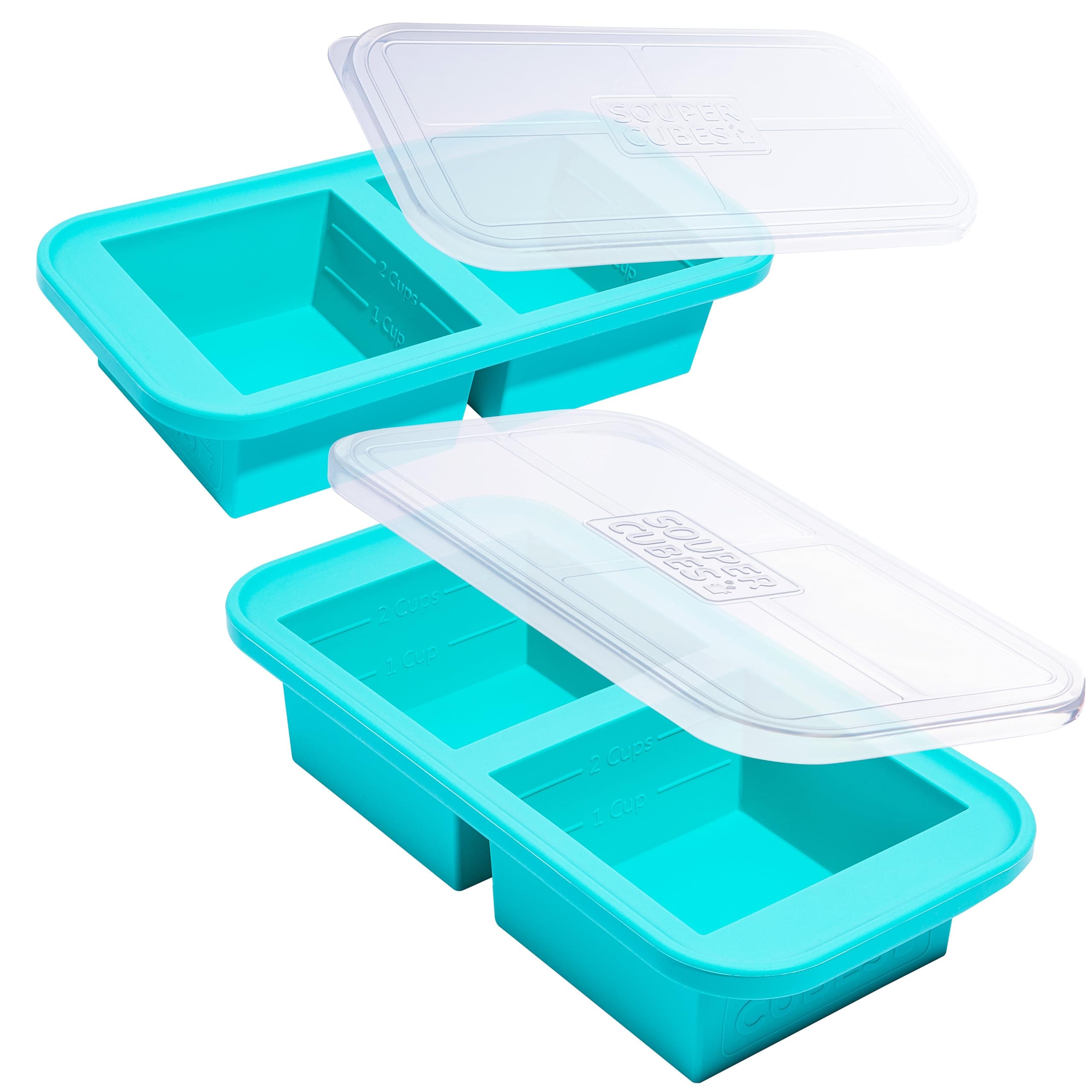 Souper Cubes Extra-Large Silicone Freezer Tray - makes 2 perfect 2 cup portions - freeze soup, stew, sauce, or meals (2 Cup tray, Aqua color, pack of 2, with lids)