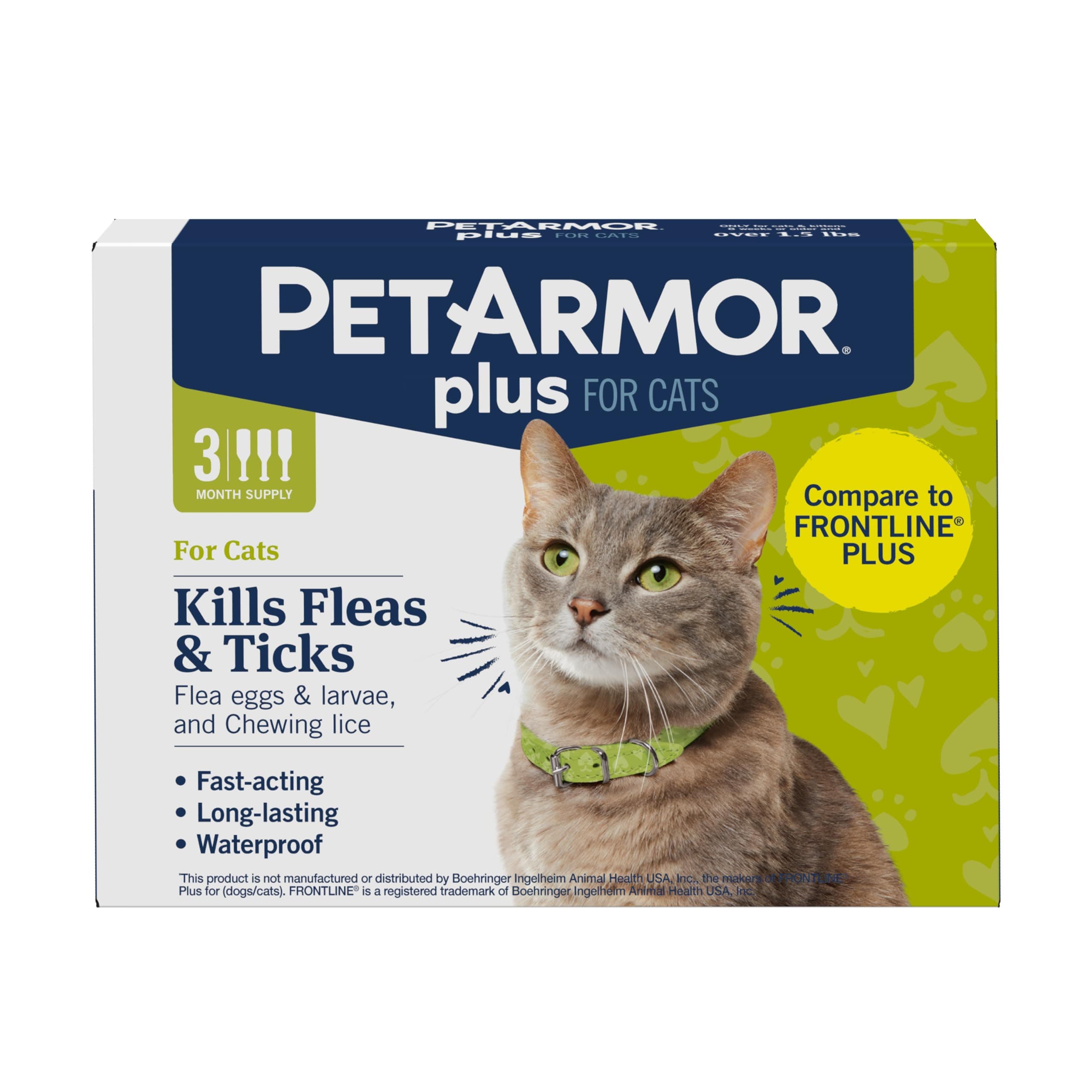 Plus Flea and Tick Prevention for Cats, Cat Flea and Tick Treatment, 3 Doses, Waterproof Topical, Fast Acting, Cats Over 1.5 lbs