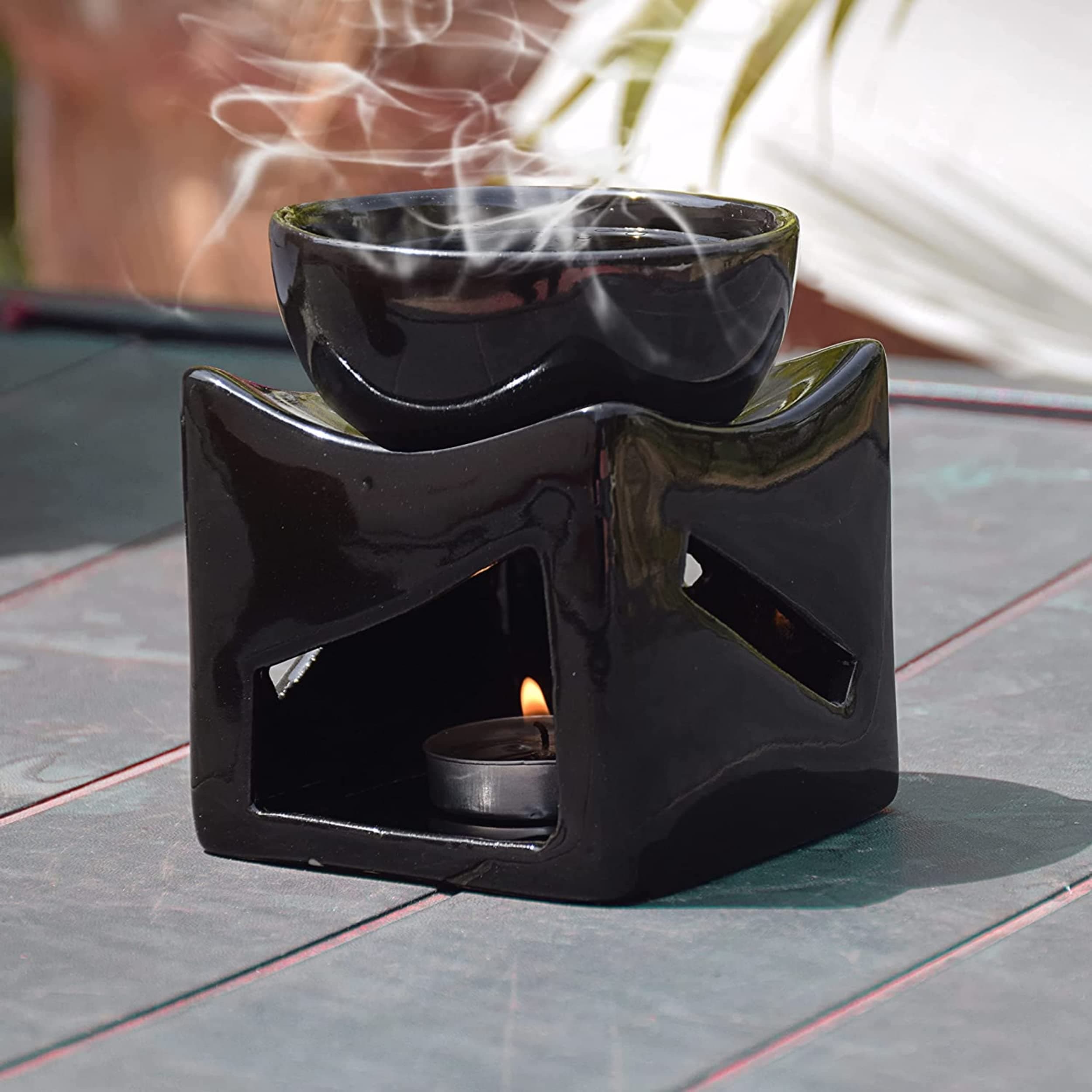 Ceramic Clay Candle Operated Aroma Burner Oil Diffuser, Extra Large Bowl, with 1 Tealight, 4.25 Inch, (Black)