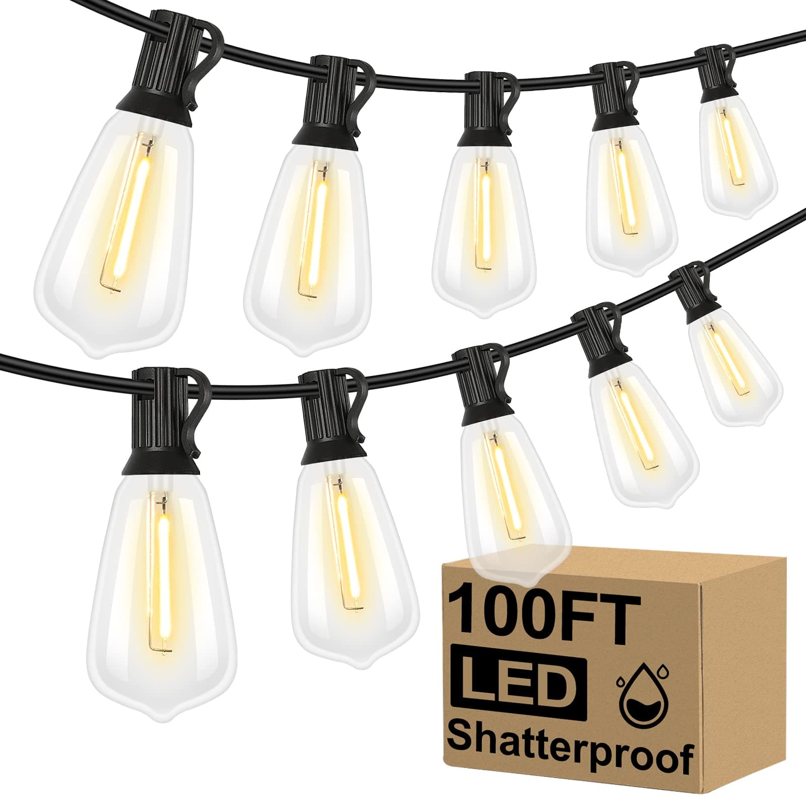 - Brightever LED Outdoor String Lights 100FT Patio Lights with 52 Shatterproof ST38 Vintage Edison Bulbs, Outside Hanging Light Waterproof for Porch, Deck, Garden, Backyard, Balcony, 2700K Dimmable
