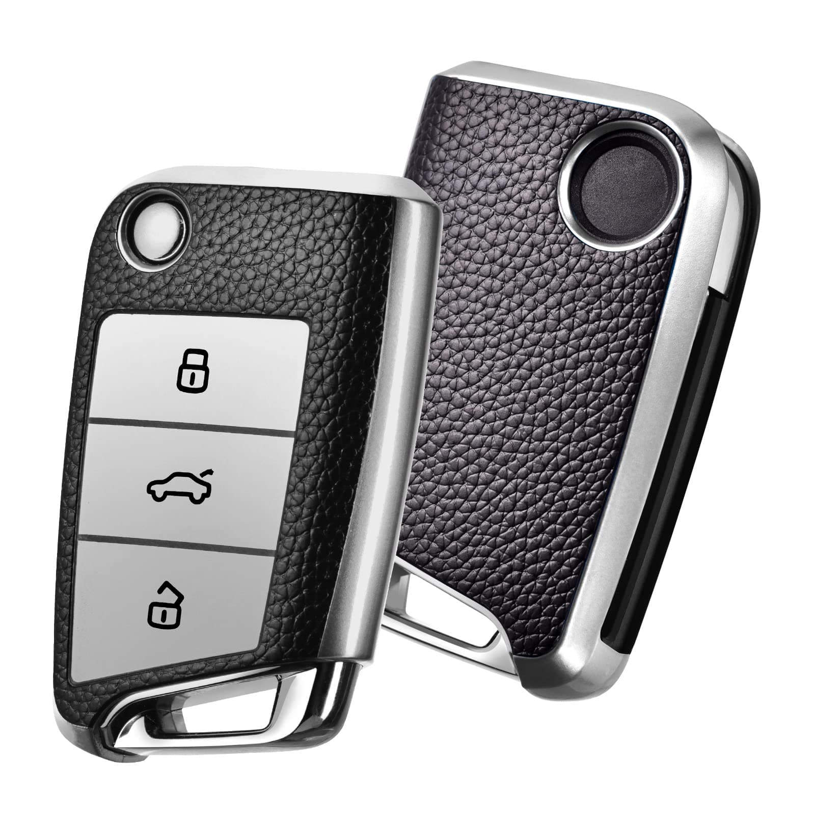 OATSBASF Car Key Case VW, VW Golf 7 Key Case, Key Box Cover for VW Polo, Skoda, Tiguan, MK7 3 Buttons (Silver Leather)