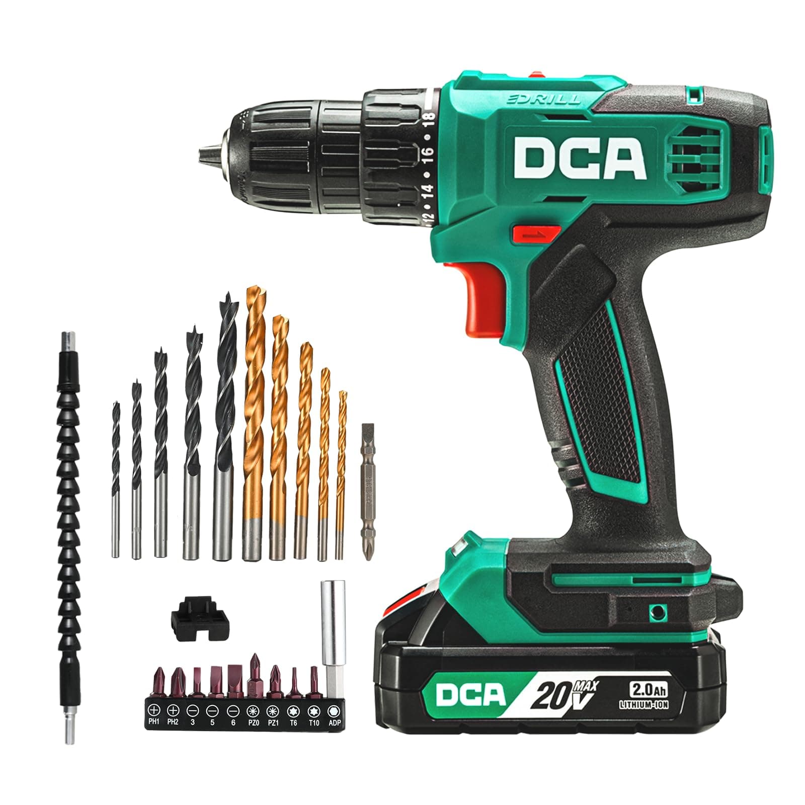 Cordless Drill Set, 354 in-lbs Torque, 3/8" Keyless Chuck, Electric Power Drill with 2.0Ah Battery and Charger,18+1 Position,25-Piece 20V Drill Driver Kit, ADJZ2035
