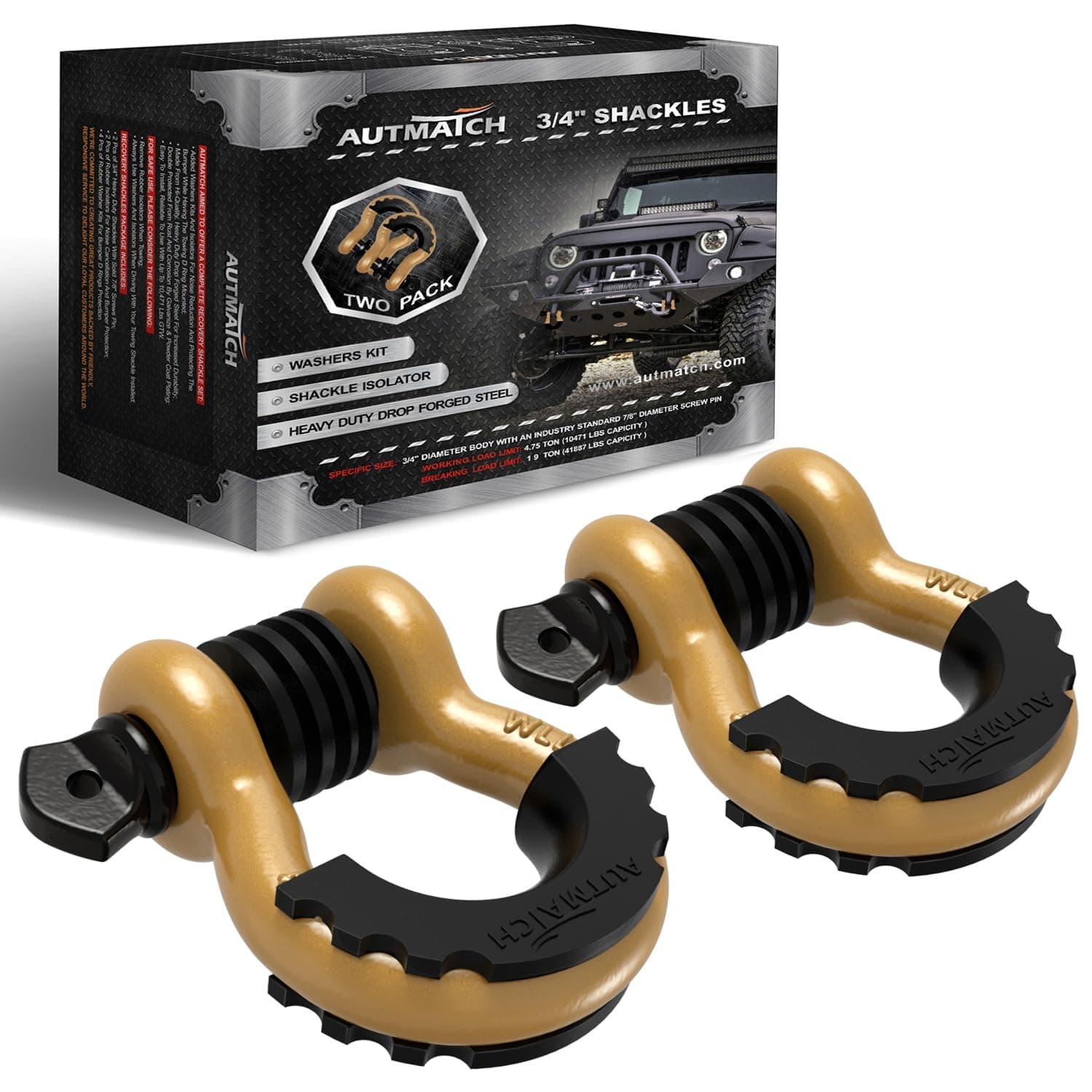 AUTMATCH 3/4" D Ring Shackle (2 Pack) 41,887Ibs Break Strength with 7/8" Screw Pin and Shackle Isolator & Washers Kit for Tow Strap Winch Off-Road Vehicle Recovery Gold & Black