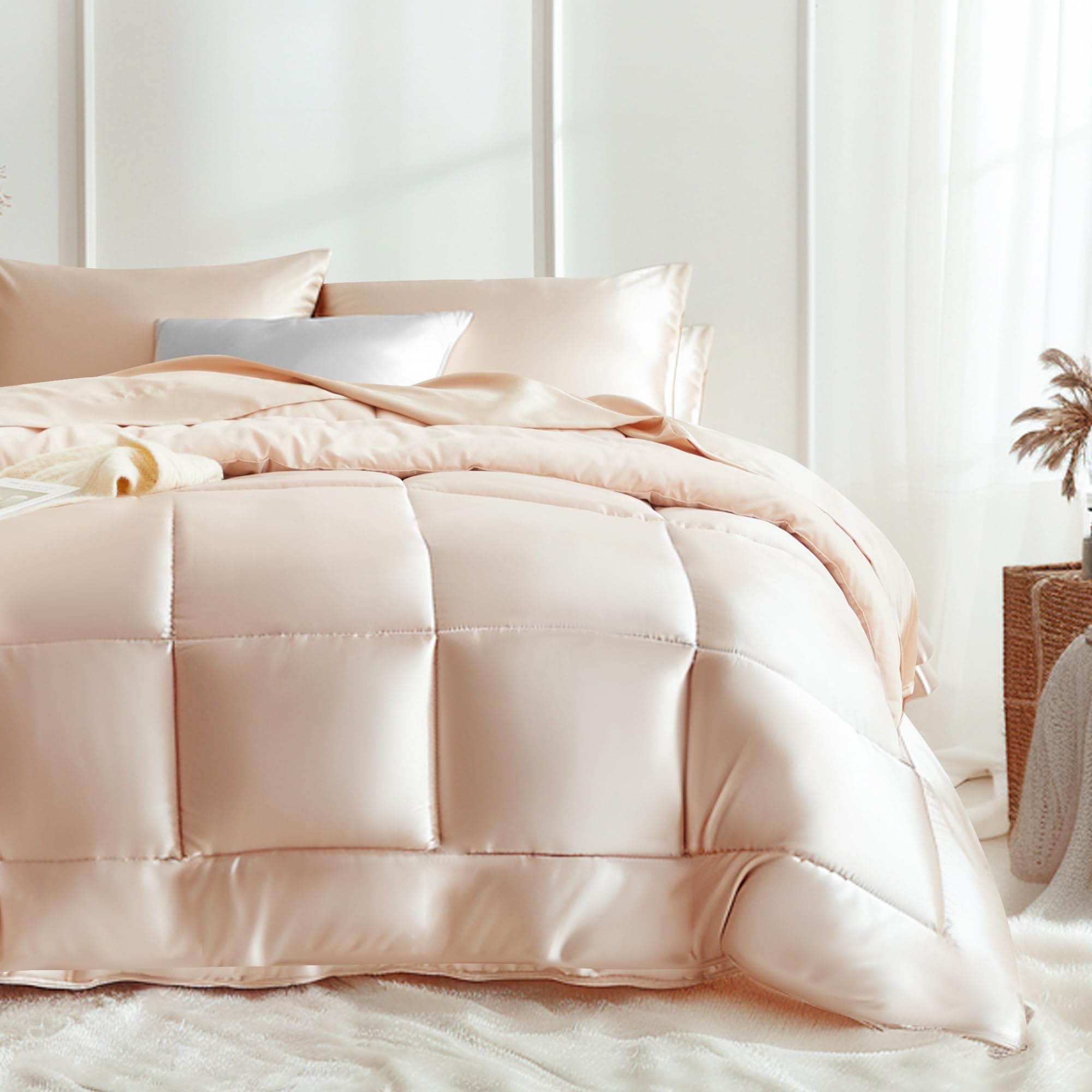 MR&HM Queen Comforter Set Champagne, Reversible Satin Microfiber Comforter Set for All Seasons, 3 Pieces Non-Slip Silky Soft Bedding Sets with 1 Comforter (90"x90") and 2 Pillowcases (20"x26")