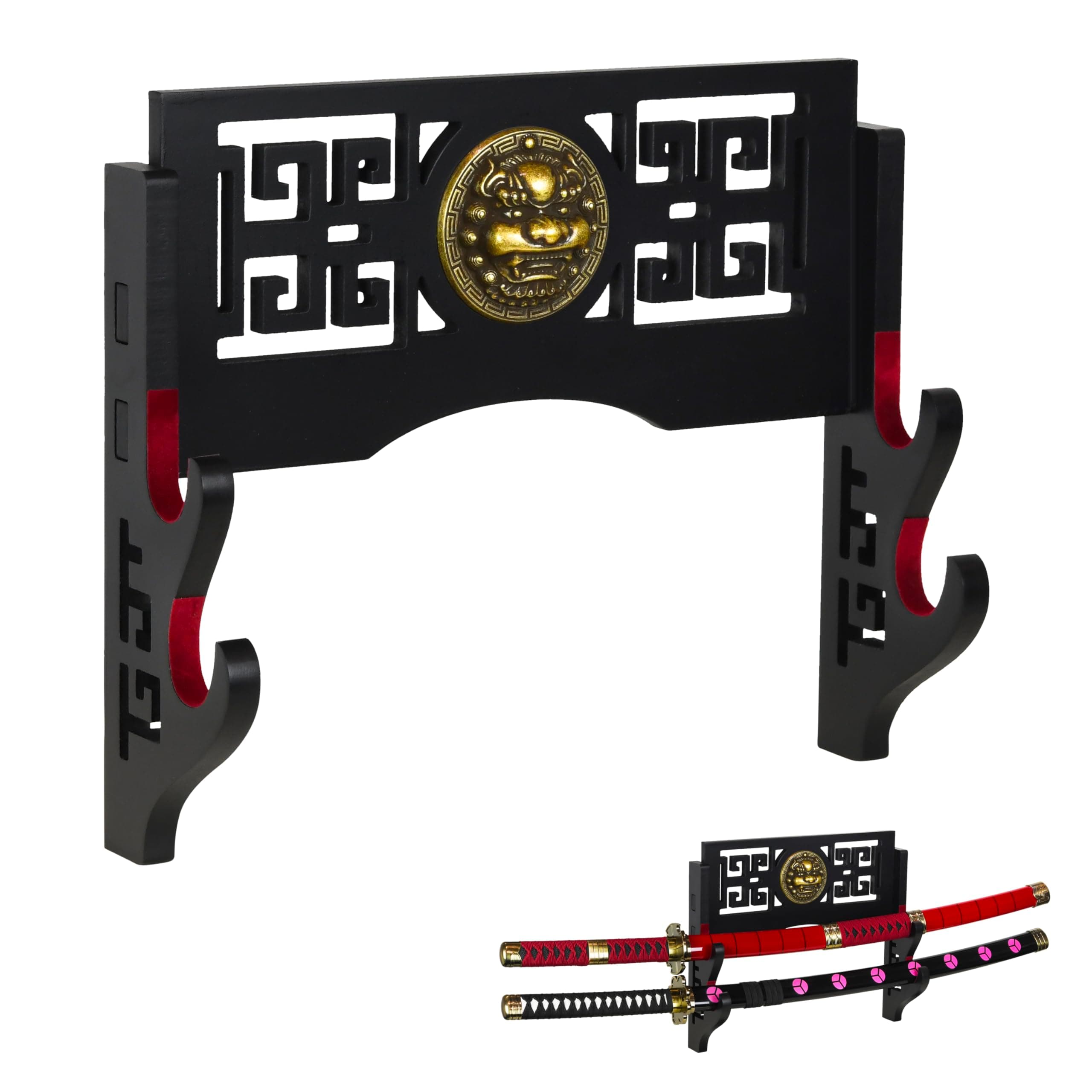 LoGest Wall Mount Sword Holder - 4 Tier Options Available - Crafted Using Wood Katana Holder - Furnished in Black With a Gold Lion’s Head - Desirable Sword Display Gift Option - Sword Holder Wall
