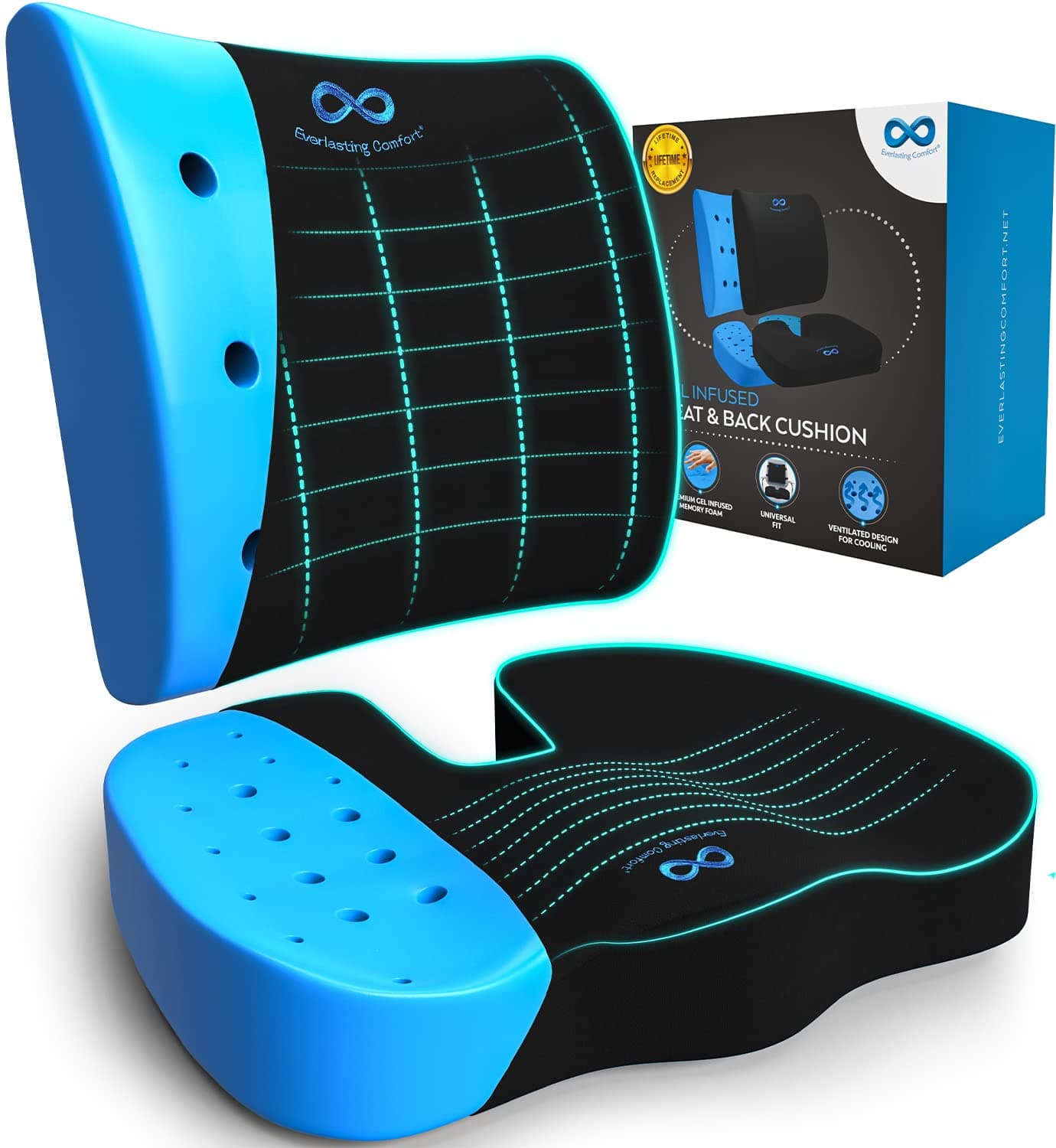 Everlasting Comfort Memory Foam Seat Cushion and Lumbar Support Pillow Combo - Gel Infused and Ventilated Office Desk Chair and Car Tailbone, Coccyx, Sciatica, Back Pain Relief Orthopedic Pad (Black)