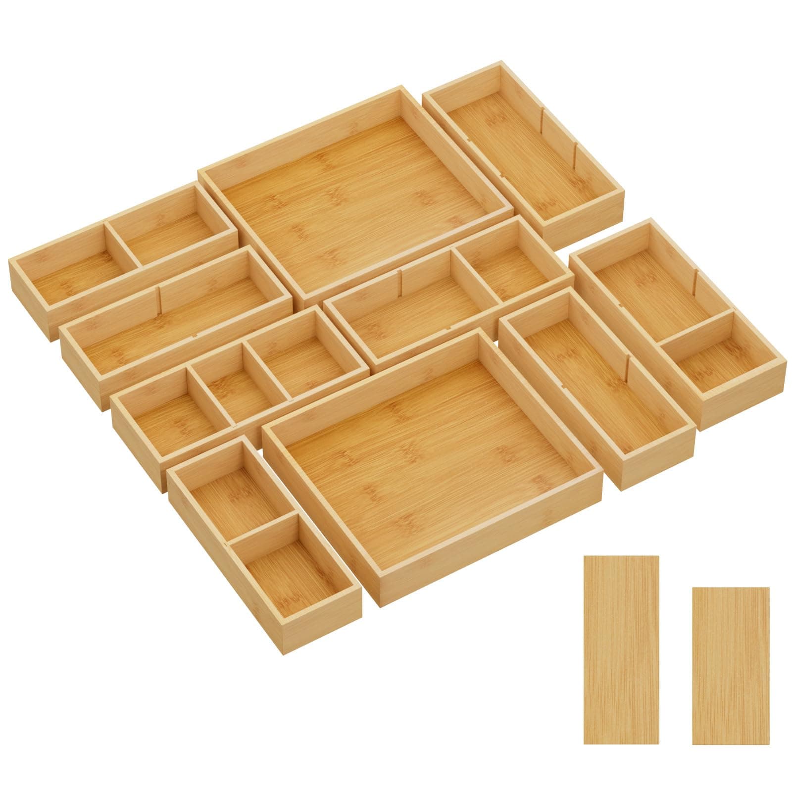 Lifewit Drawer Organizers 10 Pack(22 Grid) with 12 Inserts, Adjustable Bamboo Wooden Drawer Dividers, Stackable Storage Box for Utensils, Silverware, Makeup, Junk in Kitchen/Bathroom/Office/Vanity