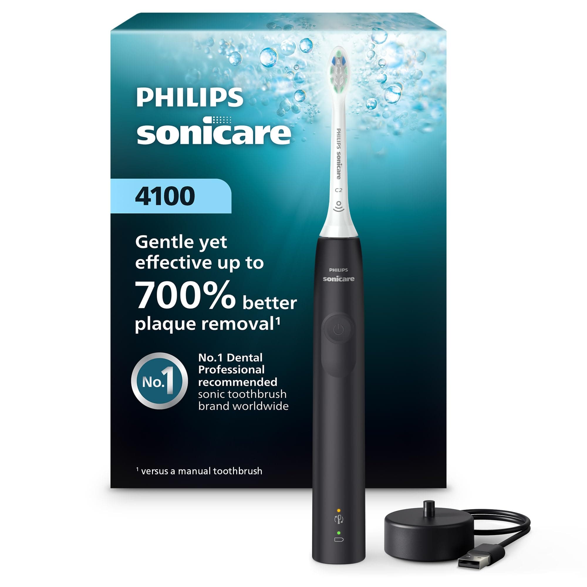 Philips Sonicare 4100 Series Electric Toothbrush - Sonic Toothbrush with Advanced Sonic Technology, Pressure Sensor, Two Intensity Settings, Smartimer & Quadpacer, Black, Model HX3681/24