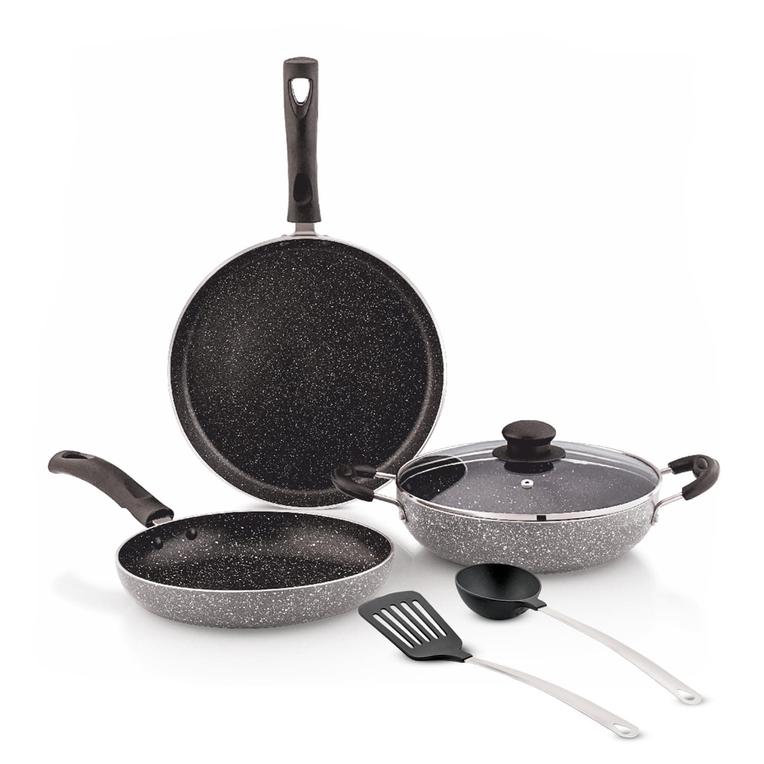 6 Piece Non-Stick Cookware Set | Granite Finish | Induction Base | PFOA Free | HTR Exterior Coating | 25cm Tawa, 22 cm Kadai, 22cm Fry Pan, 1 Glass Lid & 2 Nylon Spatulas | Grey
