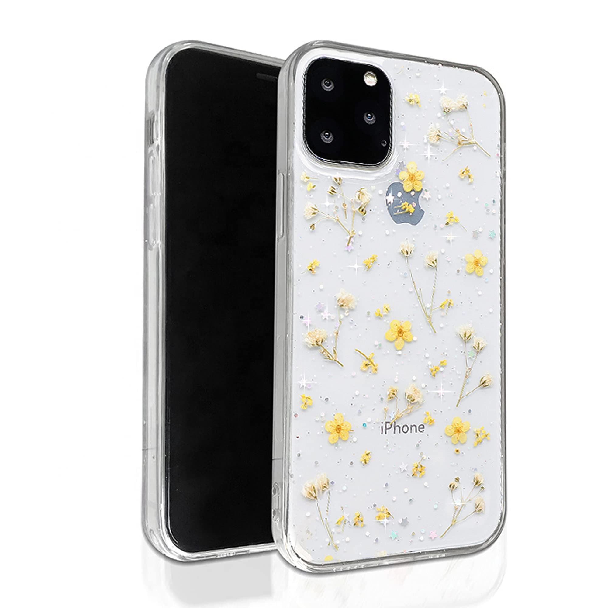 Feibili Compatible with iPhone 11 Pro Max Flower Case, Soft Clear Flexible Rubber Pressed Dry Real Flowers Case Girls Glitter Floral Cover for iPhone 11 Pro Max (Yellow )