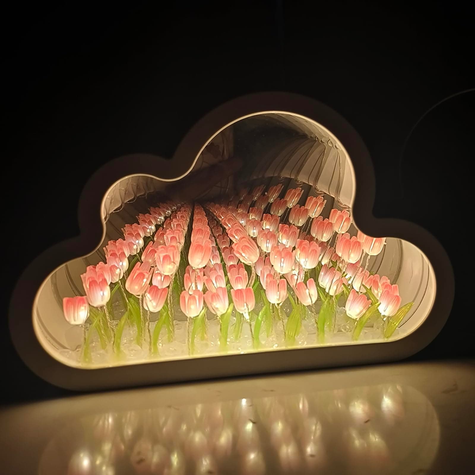 DIY Tulip Night Light,Cloud Tulip Mirror Night Light,LED Handmade Simulated Tulip Table Lamp,Room Desktop Decor for Teen Girls,Tulip lamp for Bedroom (Pink)