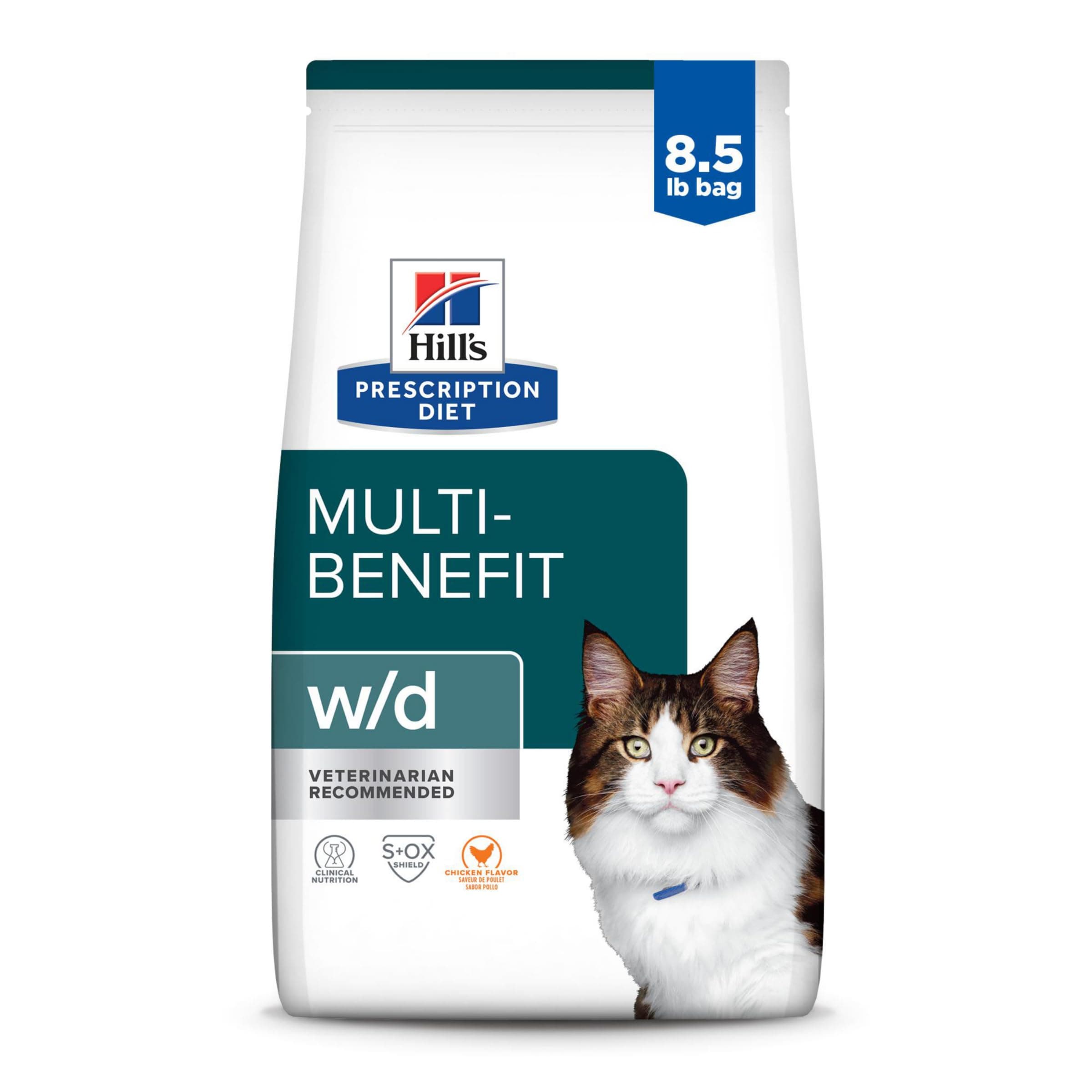 Hill's Prescription Diet w/d Multi-Benefit Digestive/Weight/Glucose/Urinary Management Dry Cat Food, Chicken, 8.5 lb. Bag