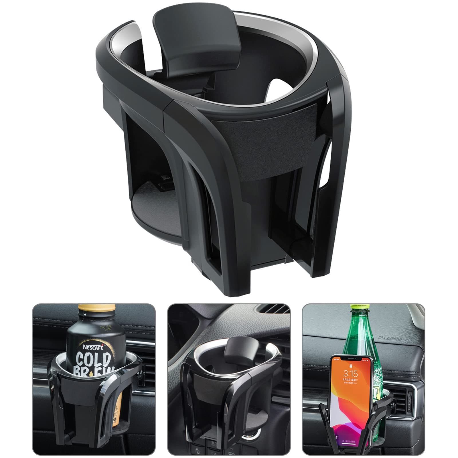 Car Cup Holder Mount, 2 in 1 Adjustable Smart Phone Mount Bracket Stand Cradle Car Air Vent Cup Holder for Hot Drinks Compatible with Most Vehicles (Silver&Black)