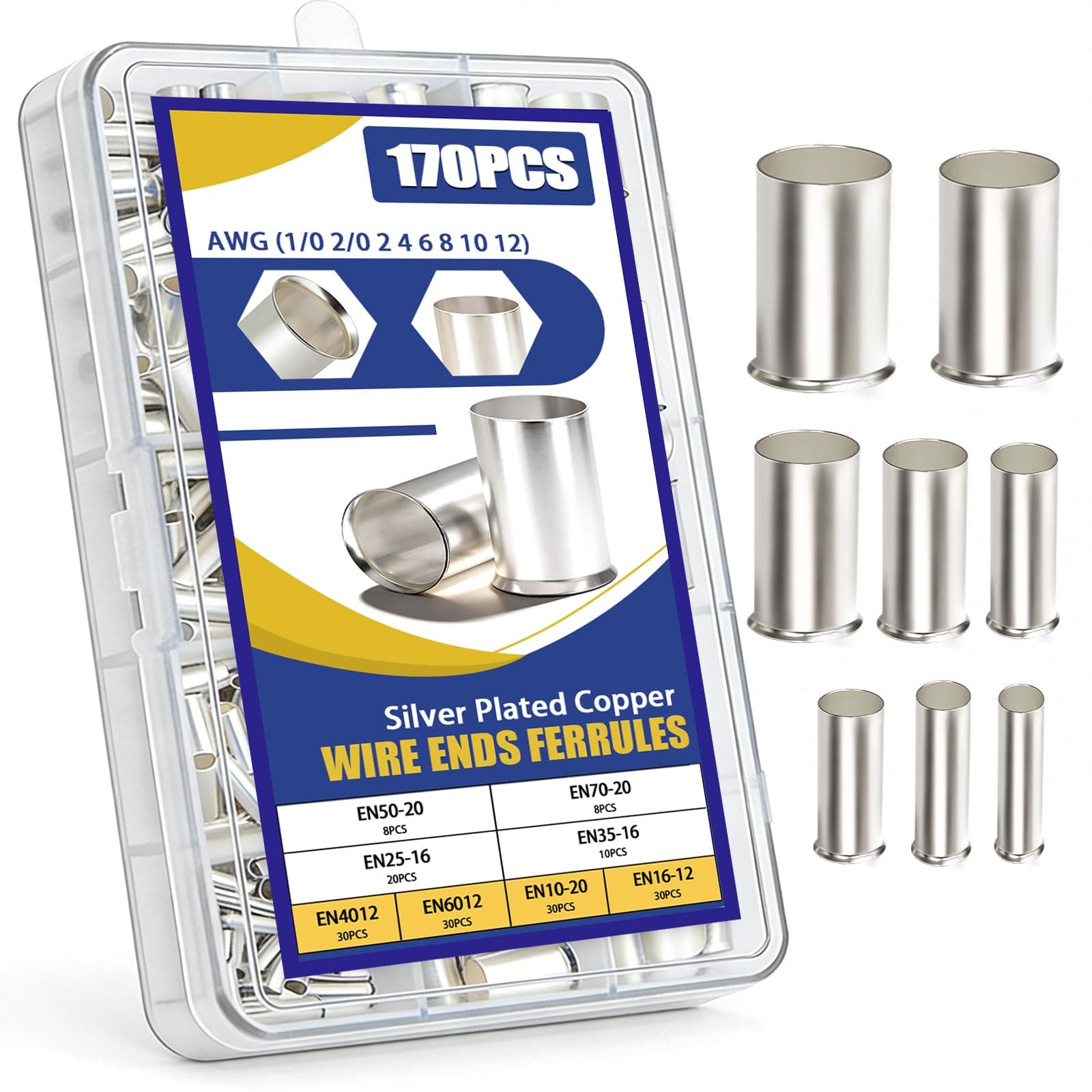 mankk 170PCS Wire Ends Ferrules Kit, 8 Sizes AWG(1/0 2/0 2 4 6 8 10 12) Silver Plated Copper Assortment Electrical Wire Crimp Connectors Terminals