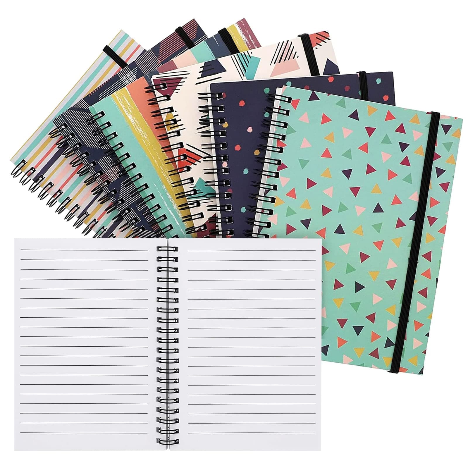 Paper Junkie 6 Pack 5x7 Spiral Notebooks with Pocket - Small Lined Journals with Elastic Closure for School, Work (6 Designs)