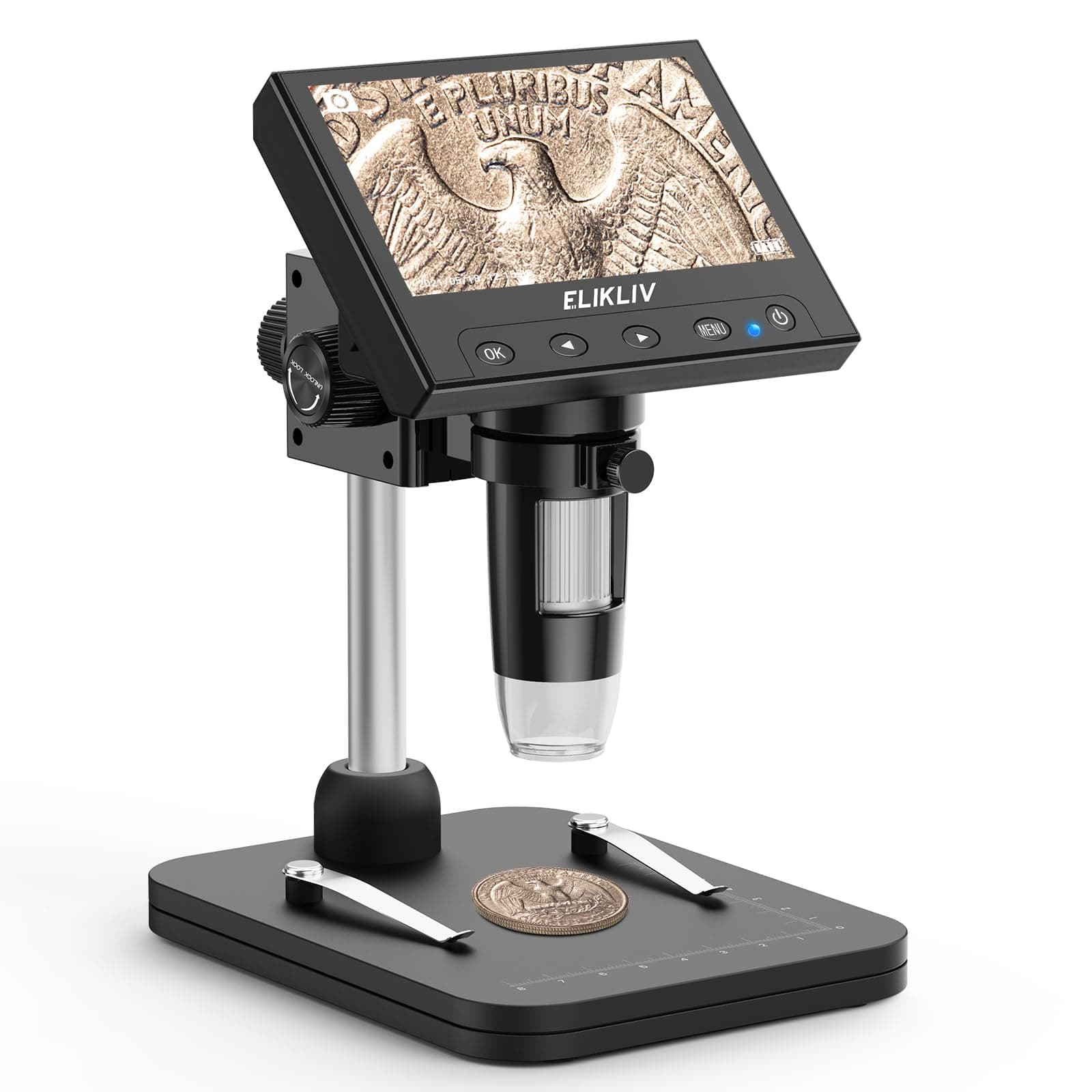 Elikliv Coin Microscope, 4.3'' LCD Digital Microscope 1000x, Coin Magnifier with 8 Adjustable LED Lights, PC View Compatible with Windows/Mac, EDM4B, Black
