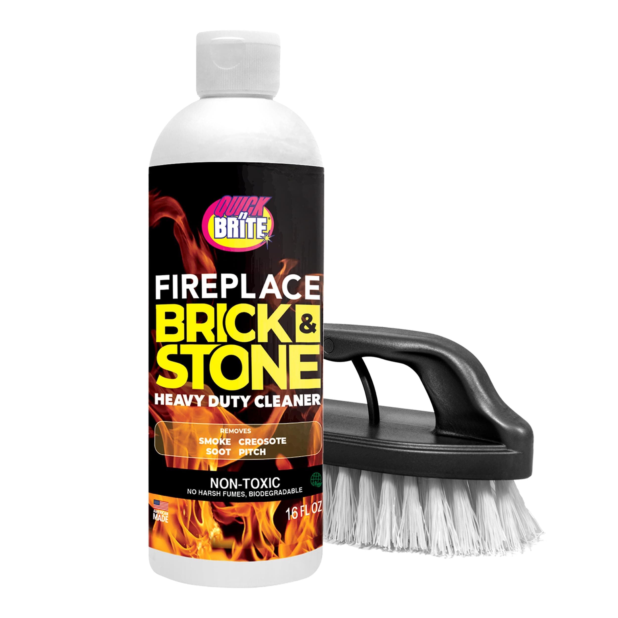 Quick 'n Brite Fireplace Cleaner 16 oz with Brush Non-Toxic Glass Brick Tile Stone River Lock Cleaning Soot Smudge Cleosote and More
