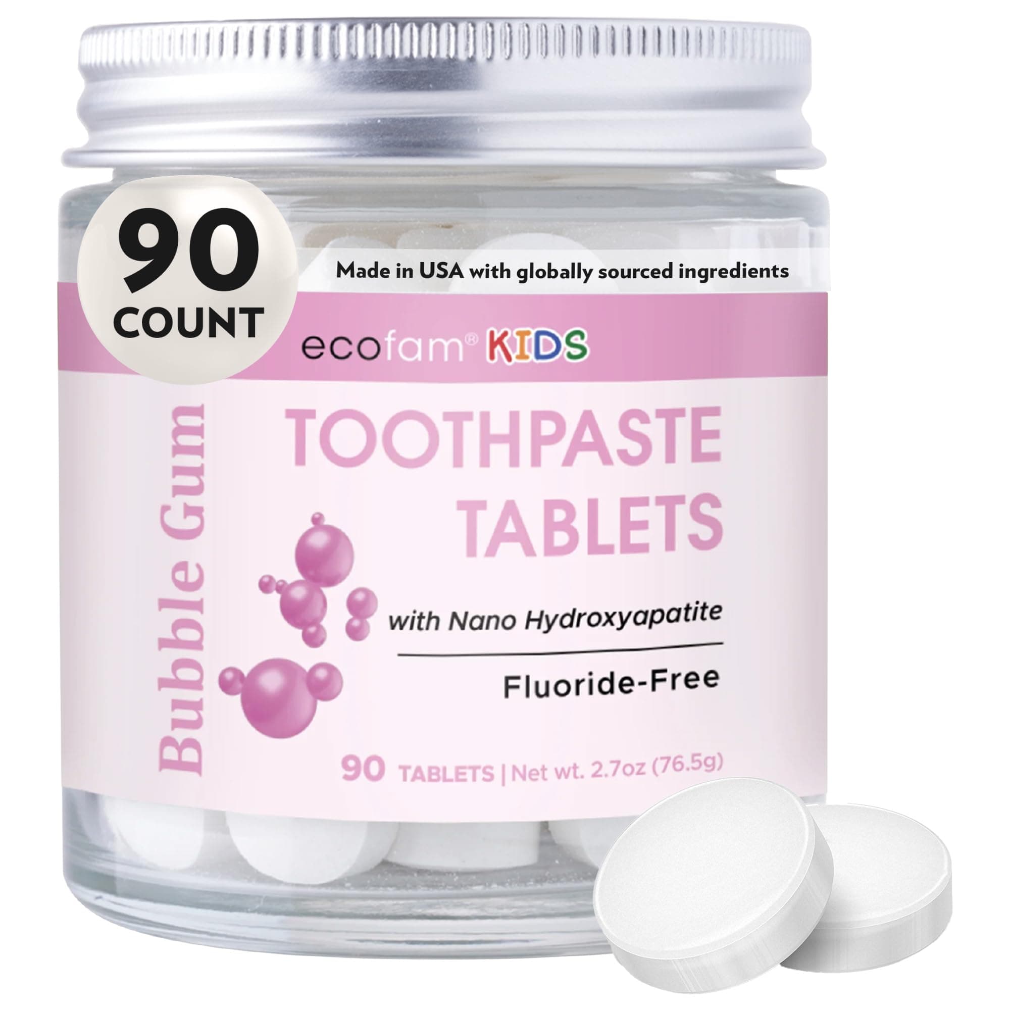Kids Toothpaste Chewable Tablets - 90 Natural Xylitol Tabs - Zero Waste Glass Jar - Travel Friendly - Fluoride-Free -with Nano Hydroxyapatite -Vegan - Made in The USA (Bubble Gum)
