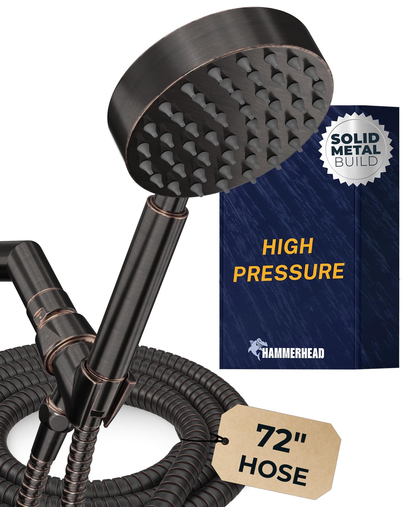 Solid Metal Handheld Shower Head with Hose and Brass Holder - OIL RUBBED BRONZE - 2.5 GPM High Pressure Shower Heads with Adjustable Shower Wand Bracket - 6ft Flexible Extension