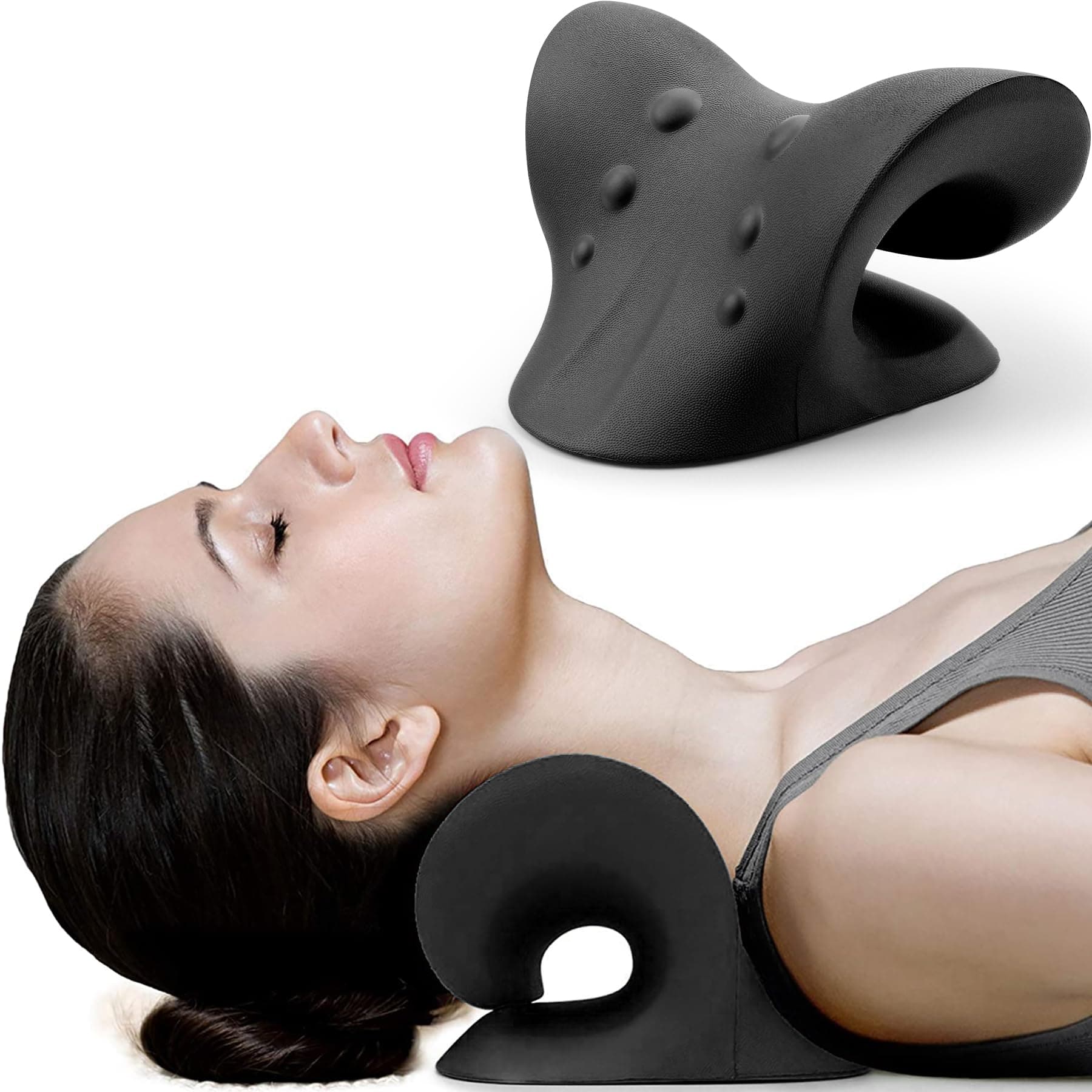 RESTCLOUD Neck and Shoulder Relaxer, Cervical Traction Device for TMJ Pain Relief and Cervical Spine Alignment, Chiropractic Pillow Neck Stretcher (Black, Foam pack of 1)