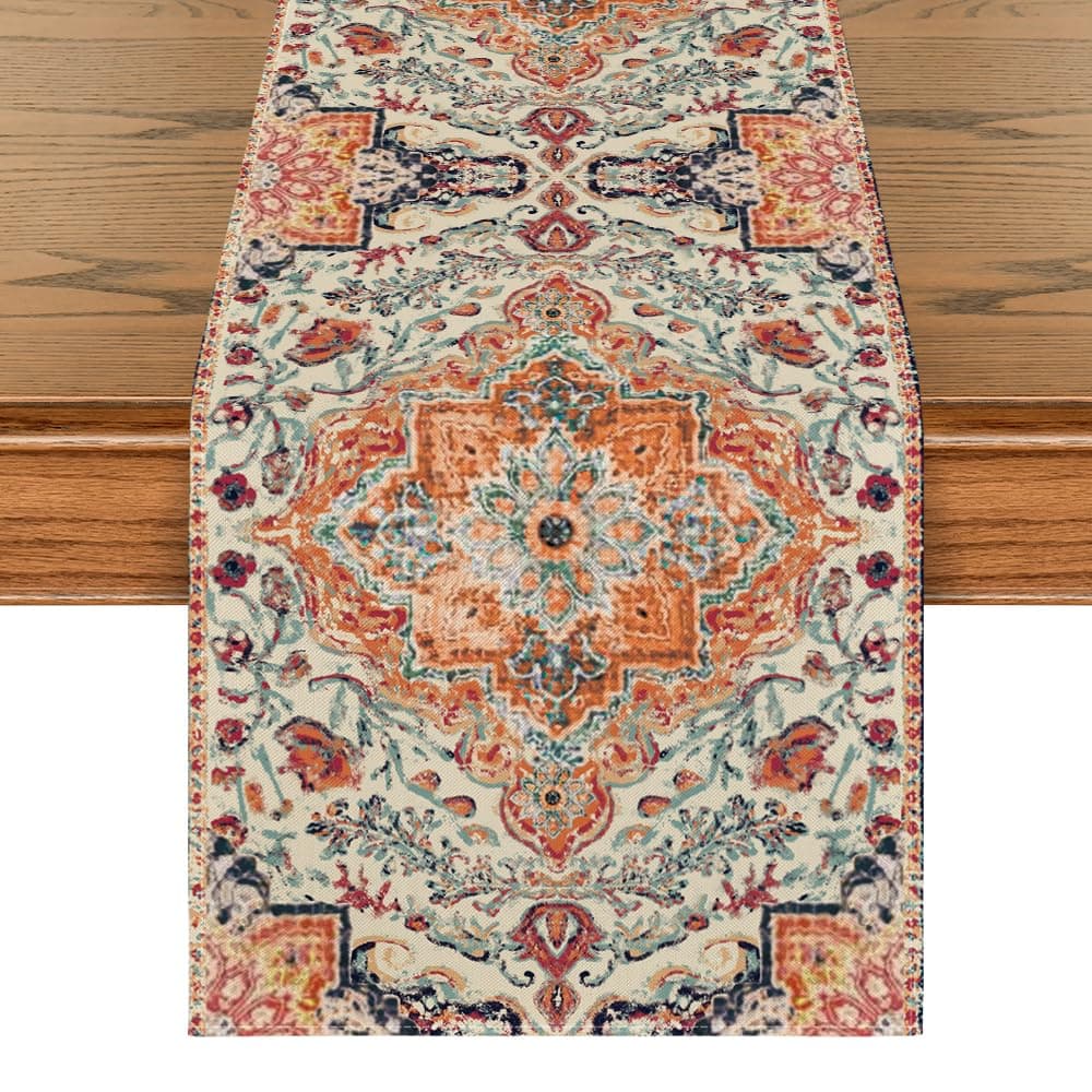 Artoid Mode Boho Bohemia Style Orange Table Runner, Country Rustic Farmhouse Magical Fall Kitchen Dining Table Decoration for Home Party Decor 13x48 Inch