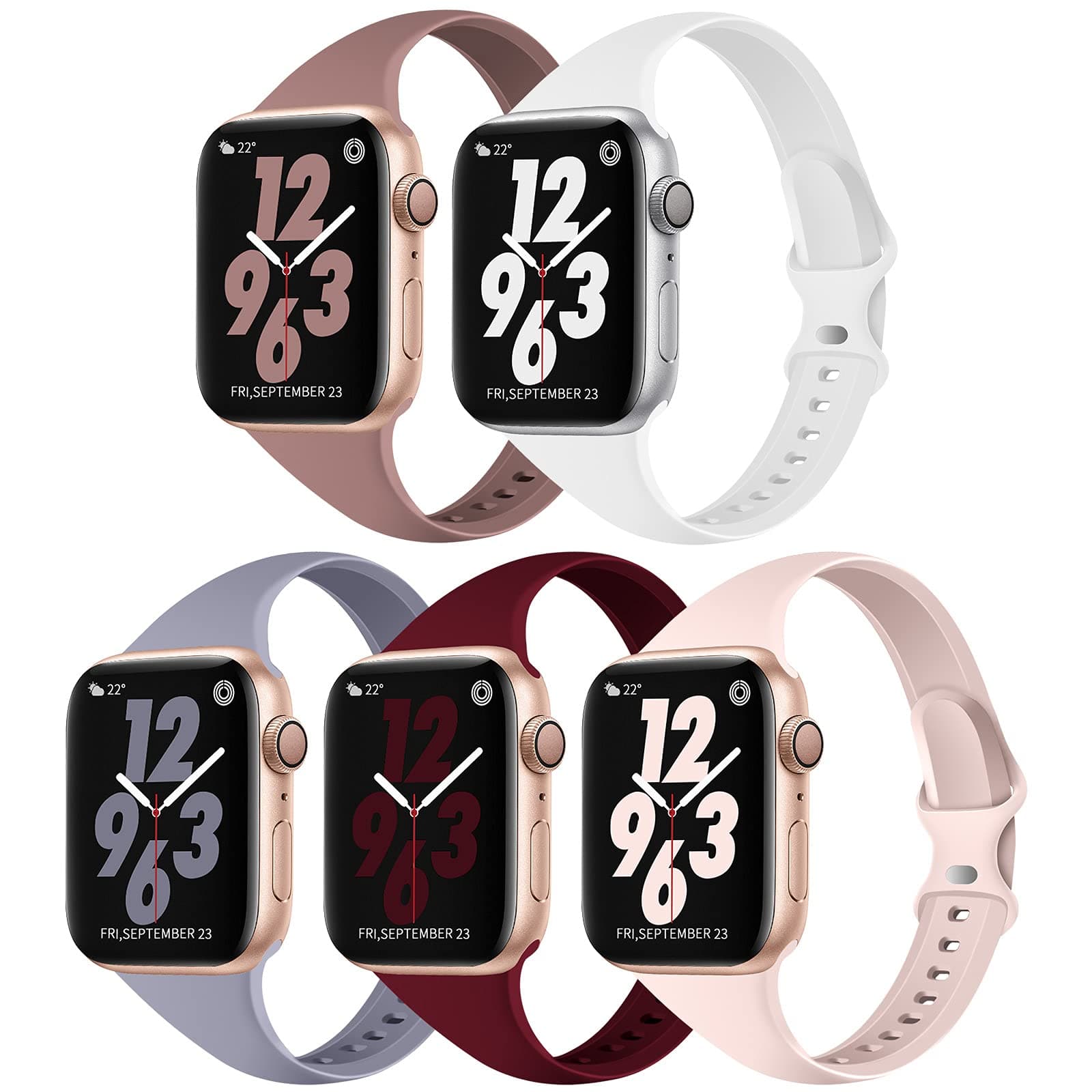 TSAAGAN 5 Pack Silicone Slim Bands Compatible with Apple Watch Band 38mm 42mm 40mm 44mm 41mm 45mm 49mm, Soft Narrow Sport Strap Thin Wristband for iWatch Ultra Series 8/7/SE/6/5/4/3/2/1 Women Men