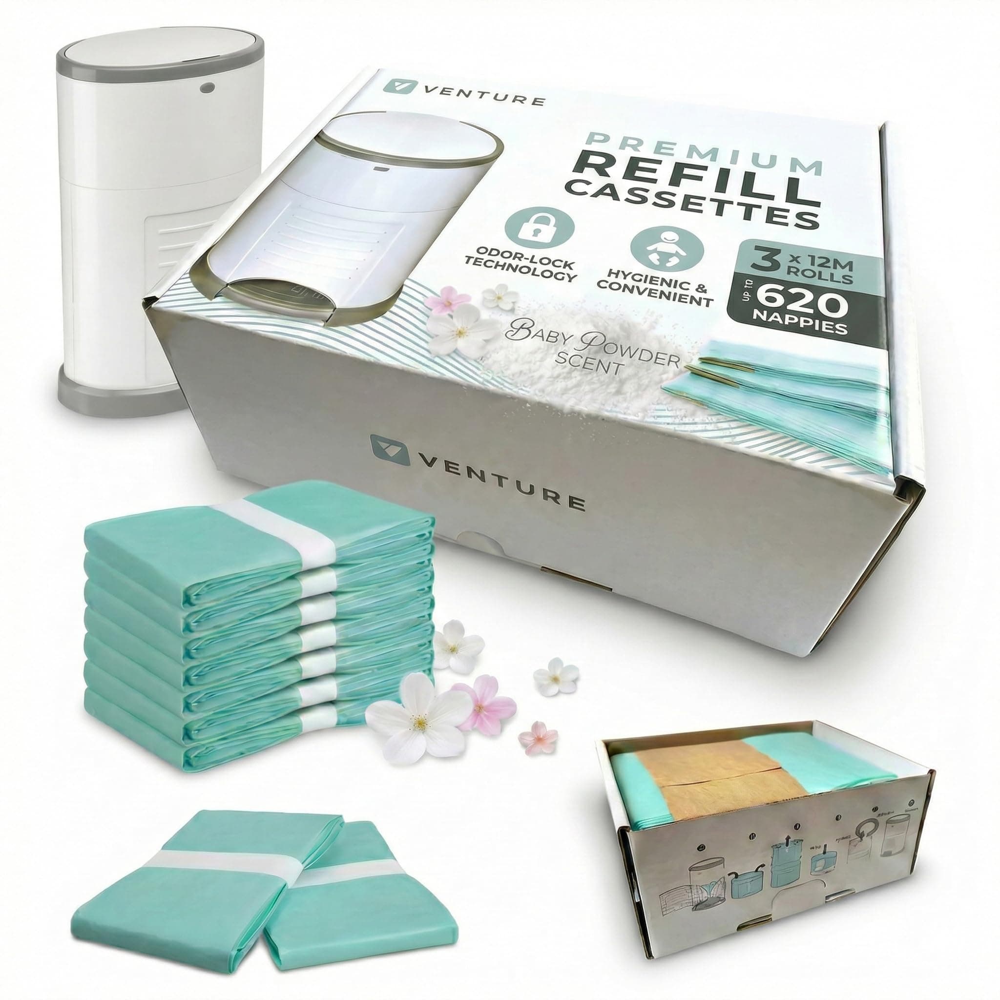 Venture Nappy Bin Liners 16L (3 x 12m Refill Rolls) - Compatible with Korbell 16L, Litter Champ & More - Up to 640 Nappies per Refill - Durable Leak-Proof Disposal Bags - Fits Most 16L Nappy Bins