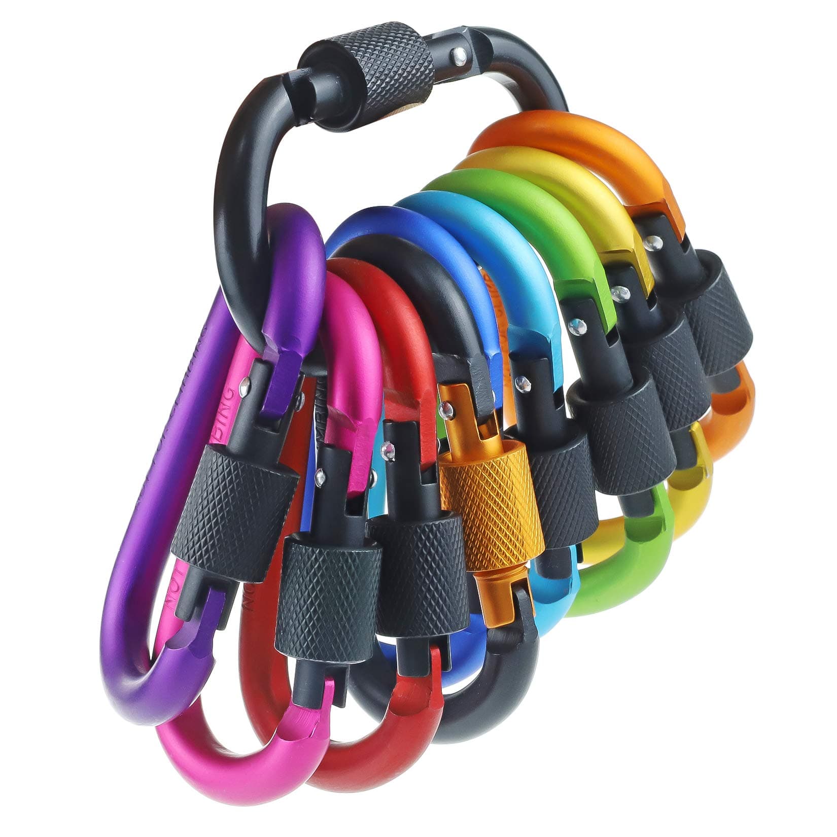 10 Pack Aluminum D Ring Key Rings Hiking Clips Locking Carabiner for Hiking Camping Fishing and Outdoor Use,Clips with Screw Gate Multicolored