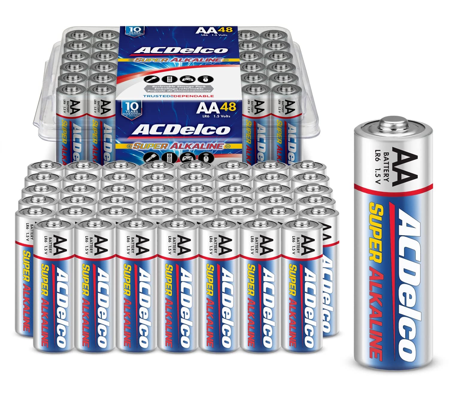 ACDelco 48-Count Double AA Batteries, Maximum Power Super Alkaline Battery, 10-Year Shelf Life, Reclosable Packaging