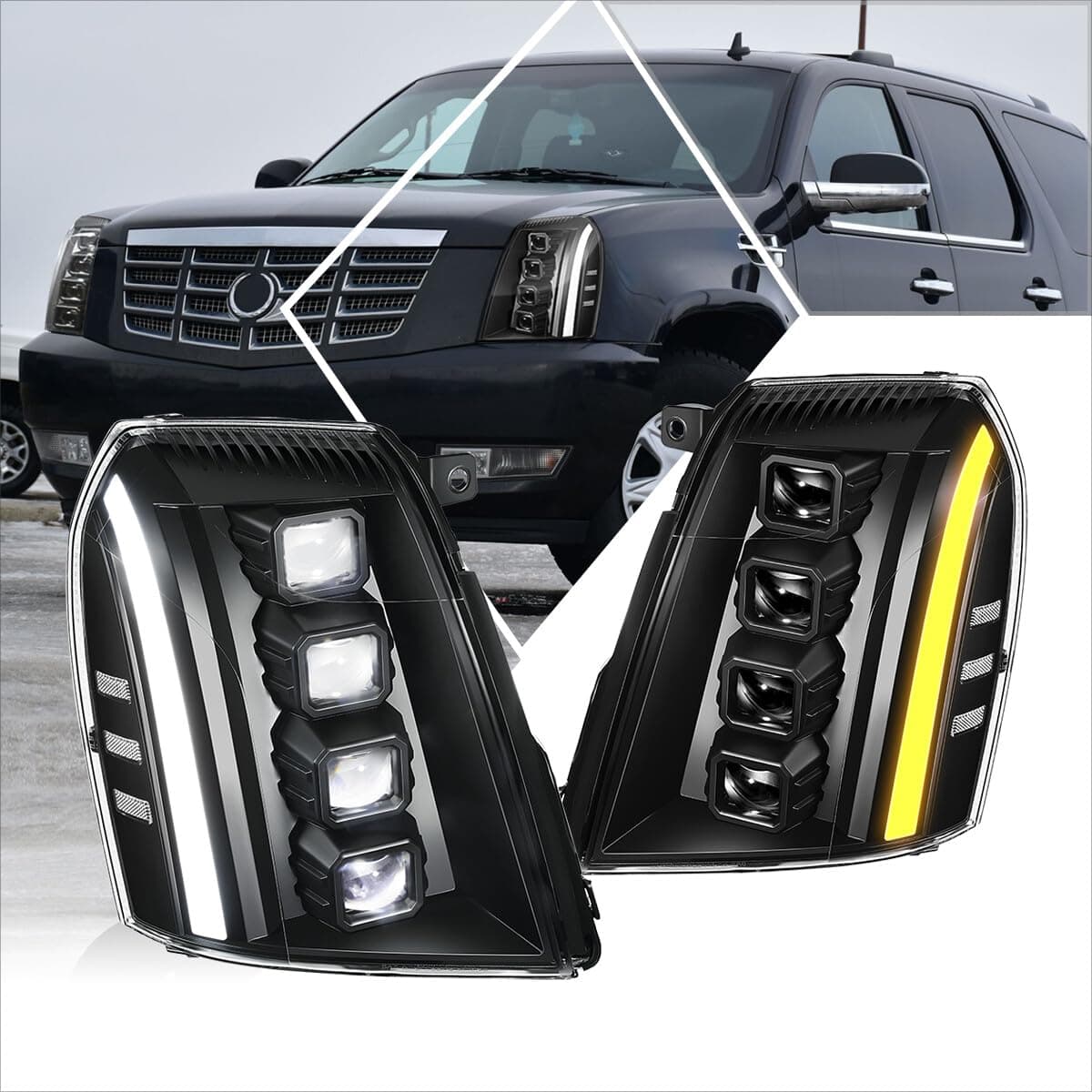 Switchback Quad Square Projector LED Headlights Assembly Compatible with 07-14 Cadillac Escalade/ESV/EXT,Black/Clear