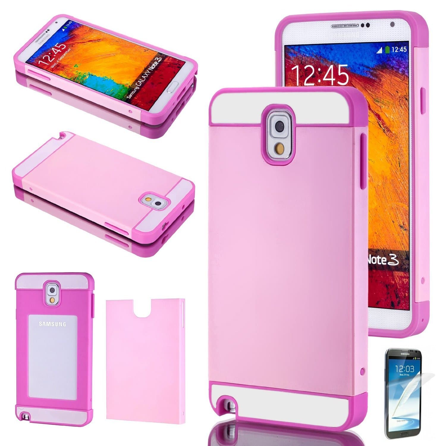 Multi Tone Dual Layer Matte Slim Hybrid TPU Case Cover For Samsung Galaxy Note III 3 N9000 w/ Screen Protector (Pink / Pink)