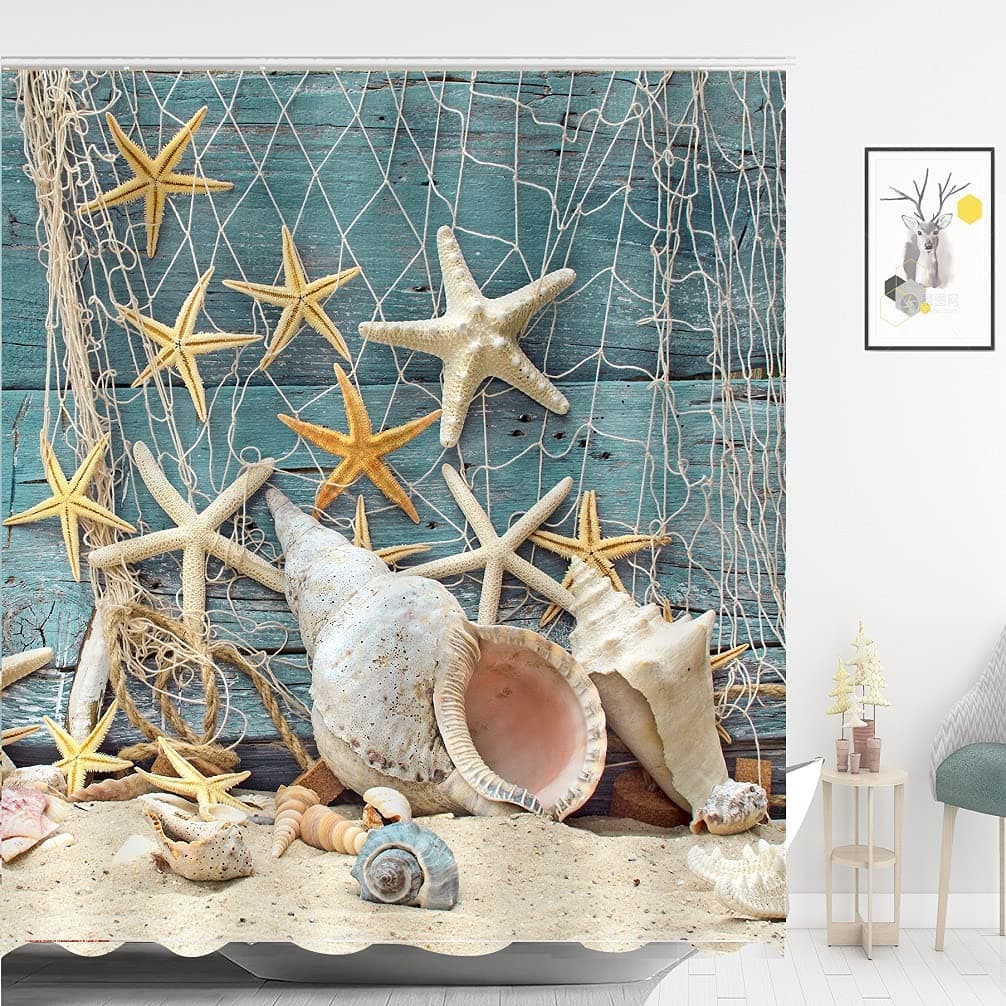 Beach Shower Curtain Seashell Beach Theme Starfish Shell Waterproof Fabric Bathroom