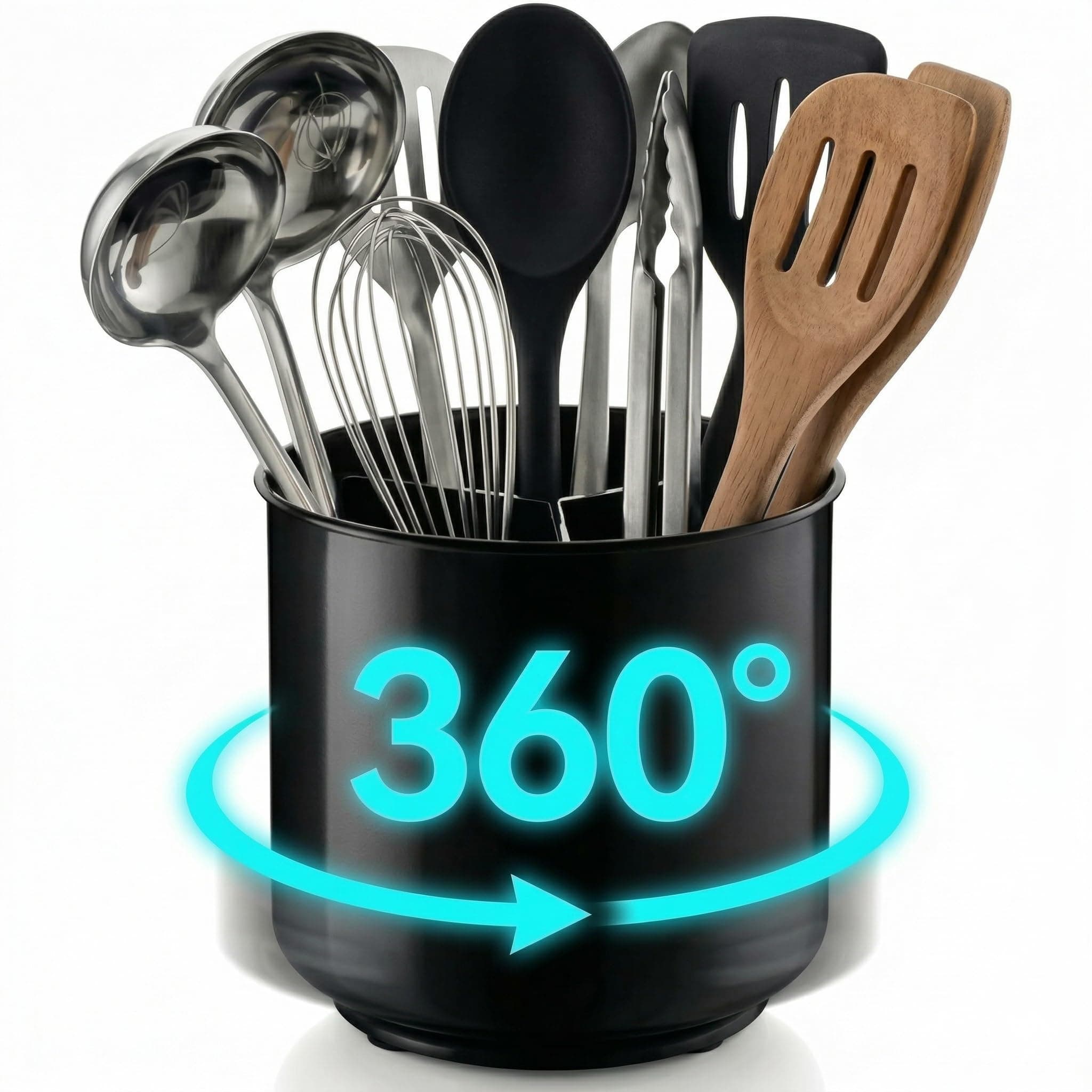 Jumbo Extra Large Sturdy Rotating Black Utensil Holder Caddy with No-Tip Weighted Base, and Gripped Insert - Rust Proof and Dishwasher Safe Kitchen Utensils Holder