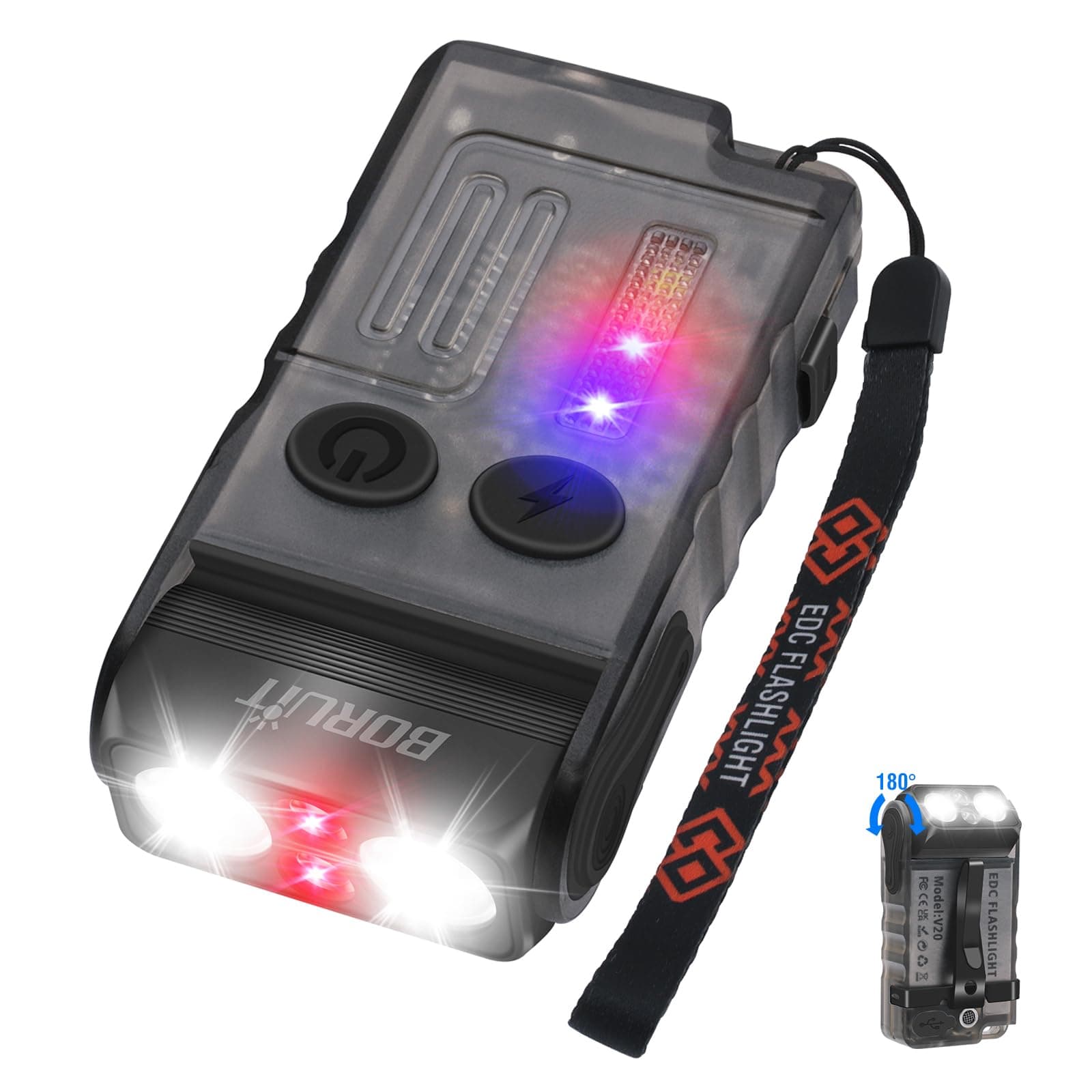 V20 LED Small Powerful EDC Flashlight with Clip,180°Head Swivels,Super Bright USB C Rechargeable Mini Pocket Keychain Flash Light with Red COB Light-14 Mode,IP67,Magnetic,110DB Buzzer(Black)