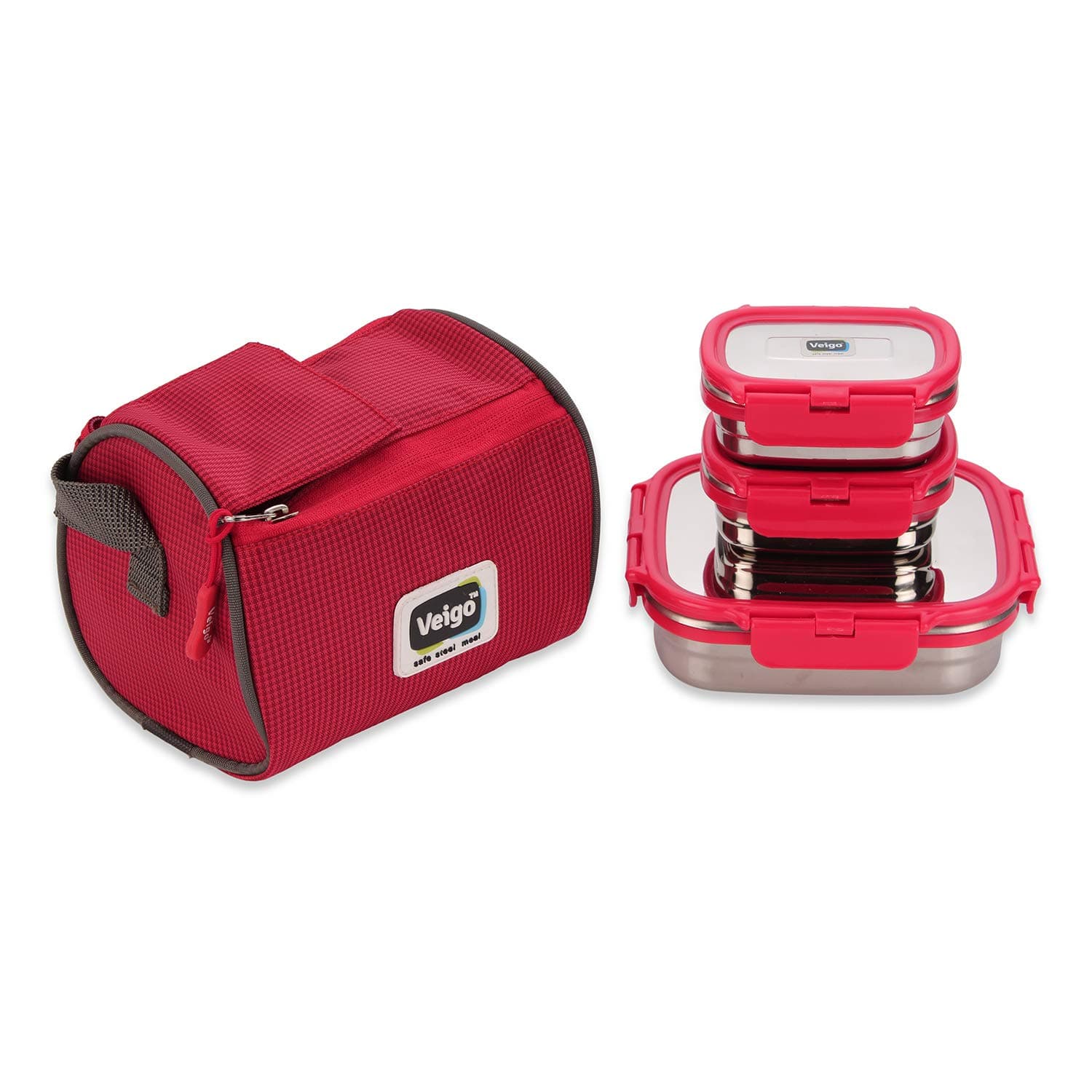 Veigo Lock & Still Lunch Box with 2 Small Compartment & Bag Airtight Leakproof Lunch Box Sleek & Compact Design Easy to Carry with Bag Perfect for Office,School,Outdoor-630ml+130ml+130ml Red
