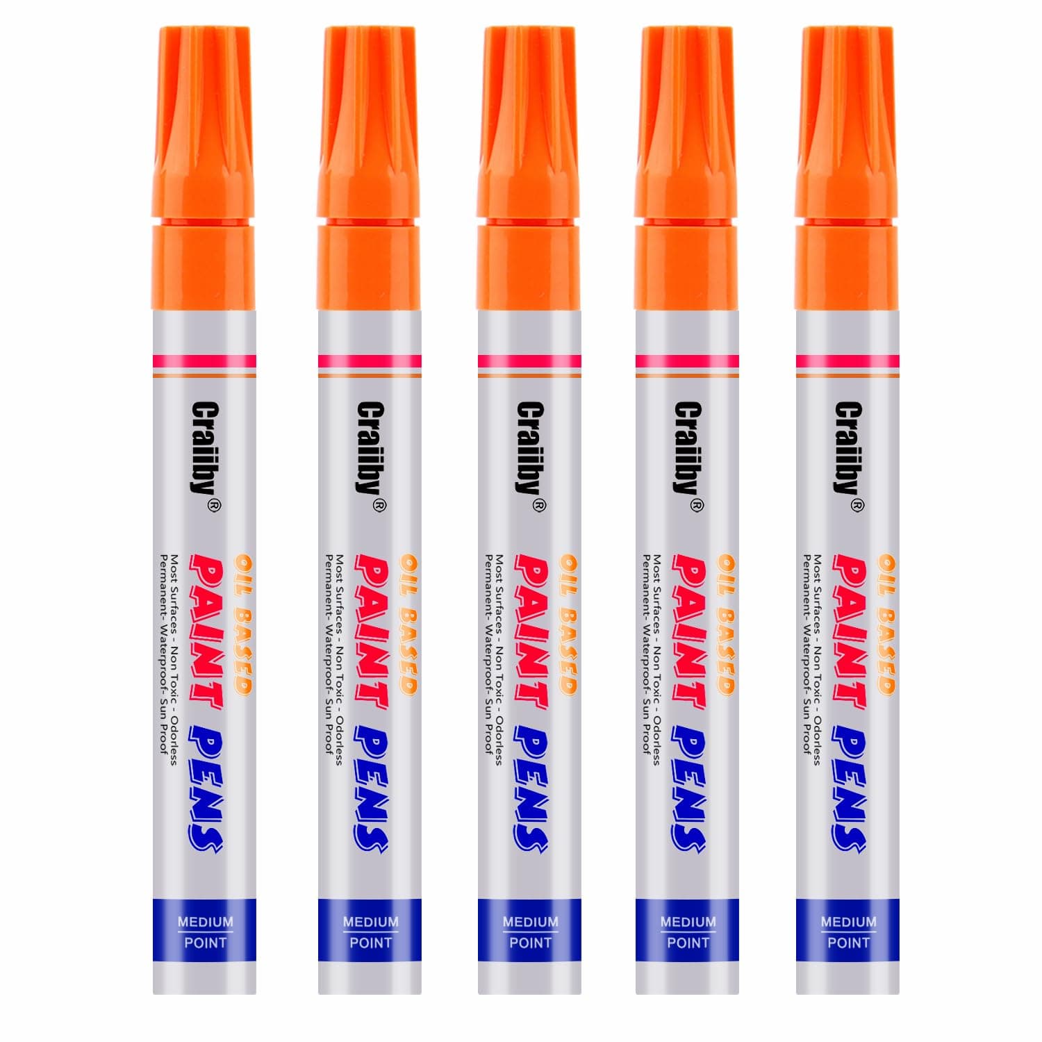 Orange Paint Markers, 5 Pack Oil-Based Waterproof Quick Dry Permanent Paint Pen Set for Rocks Painting, Wood, Fabric, Plastic, Canvas, Glass, Mugs, Metal, Tire, Stone, DIY Craft