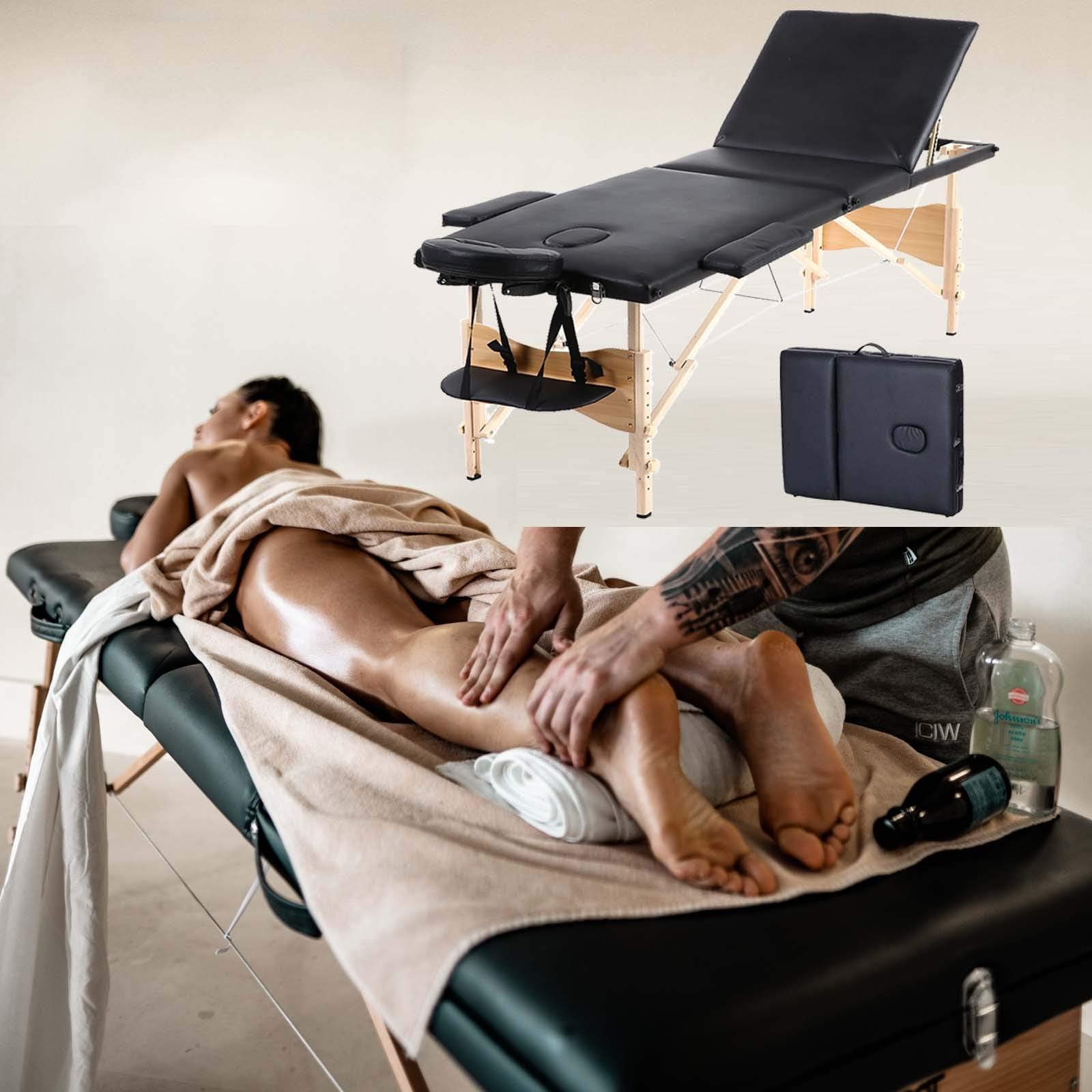 3-Fold Wooden Multifunctional Adjustable Height Massage Table, PU Leather Folding Portable Bed with face Hole Use at Physiotherapy Hospital, Health Care Club, Spa, Foot Bath Shop 2Yr Warranty