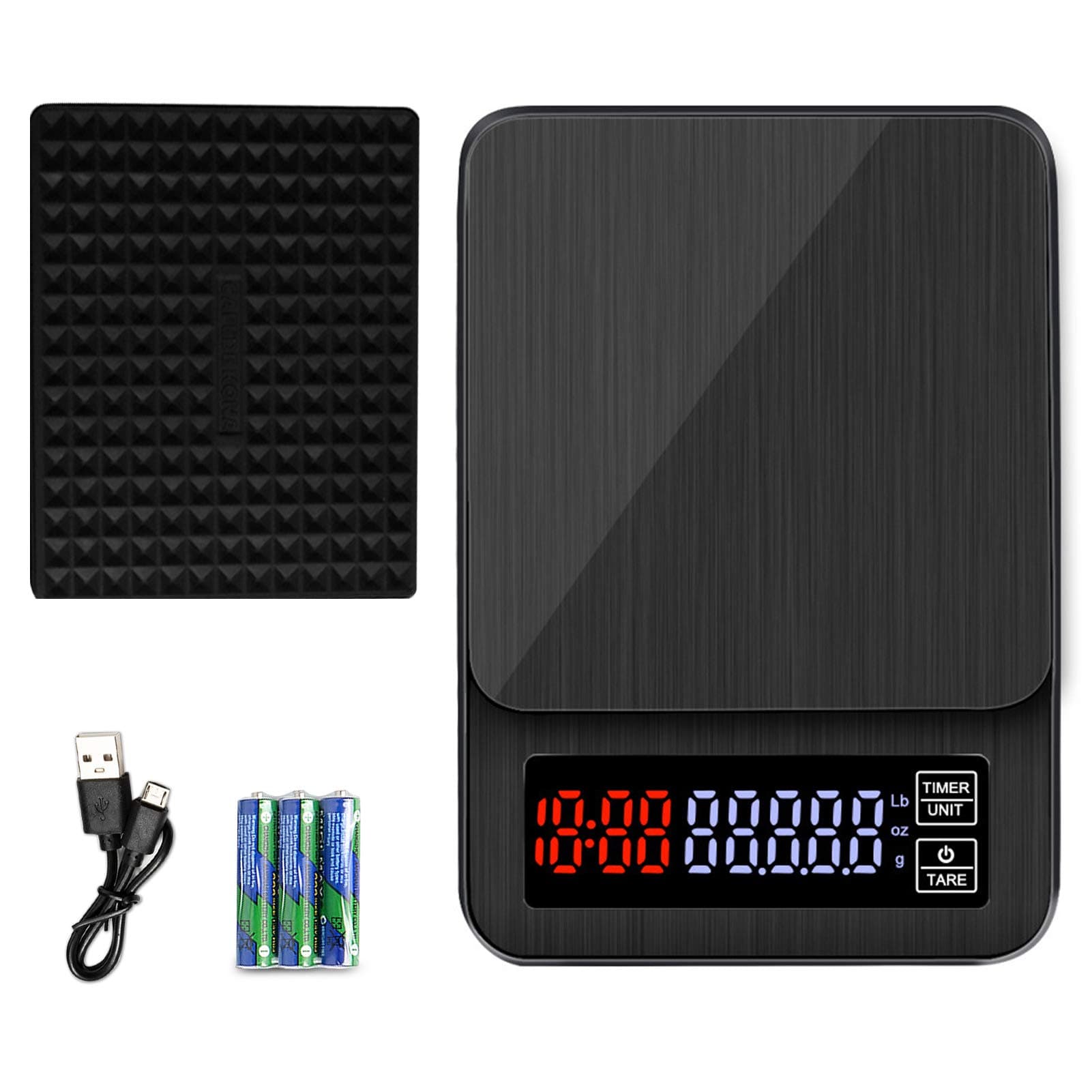 11LB/0.1g Coffee Scale with Stopwatch, Tare Function, LCD Display, USB Rechargeable, Auto Shut-Down, Digital Multifunction Weighing Food Scale with USB Charging Cable, Batteries and Silicone Pad