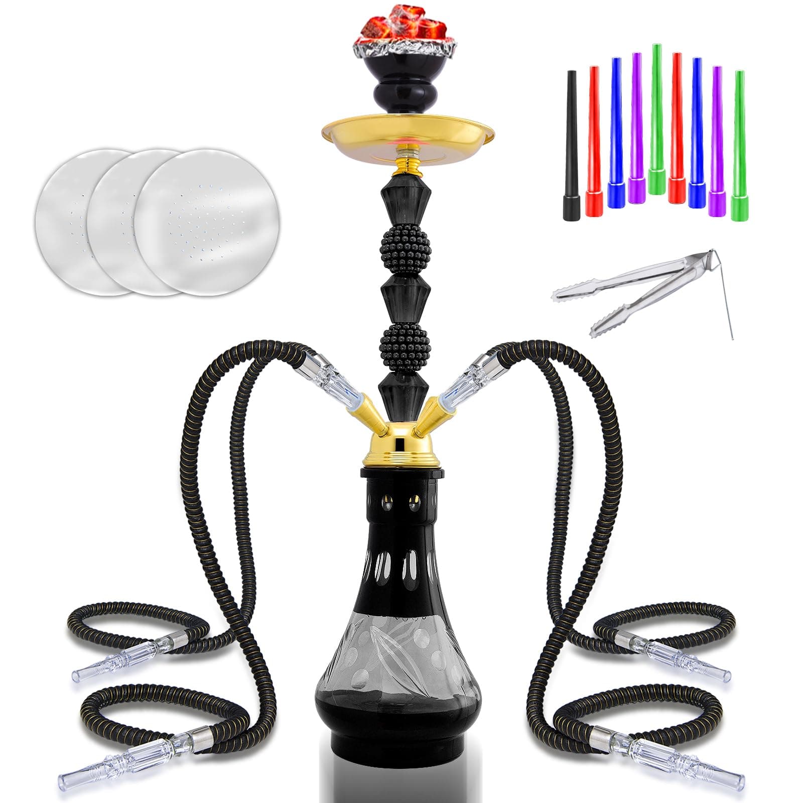 22" Premium 4-Hose Hookah Set - Complete Luxury Kit with 20 Tips, 50 Foils & Jade Shaft | Home Lounge Centerpiece (1Black)