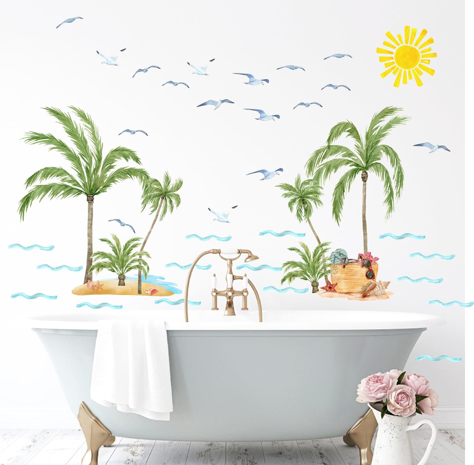 Palm Tree Wall Stickers Large Tropical Coconut Tree Wall Decals Watercolor Sun Seagull Wall Decals Sea Waves Summer Beach Theme Wall Stickers for Bedroom Living Room Decor