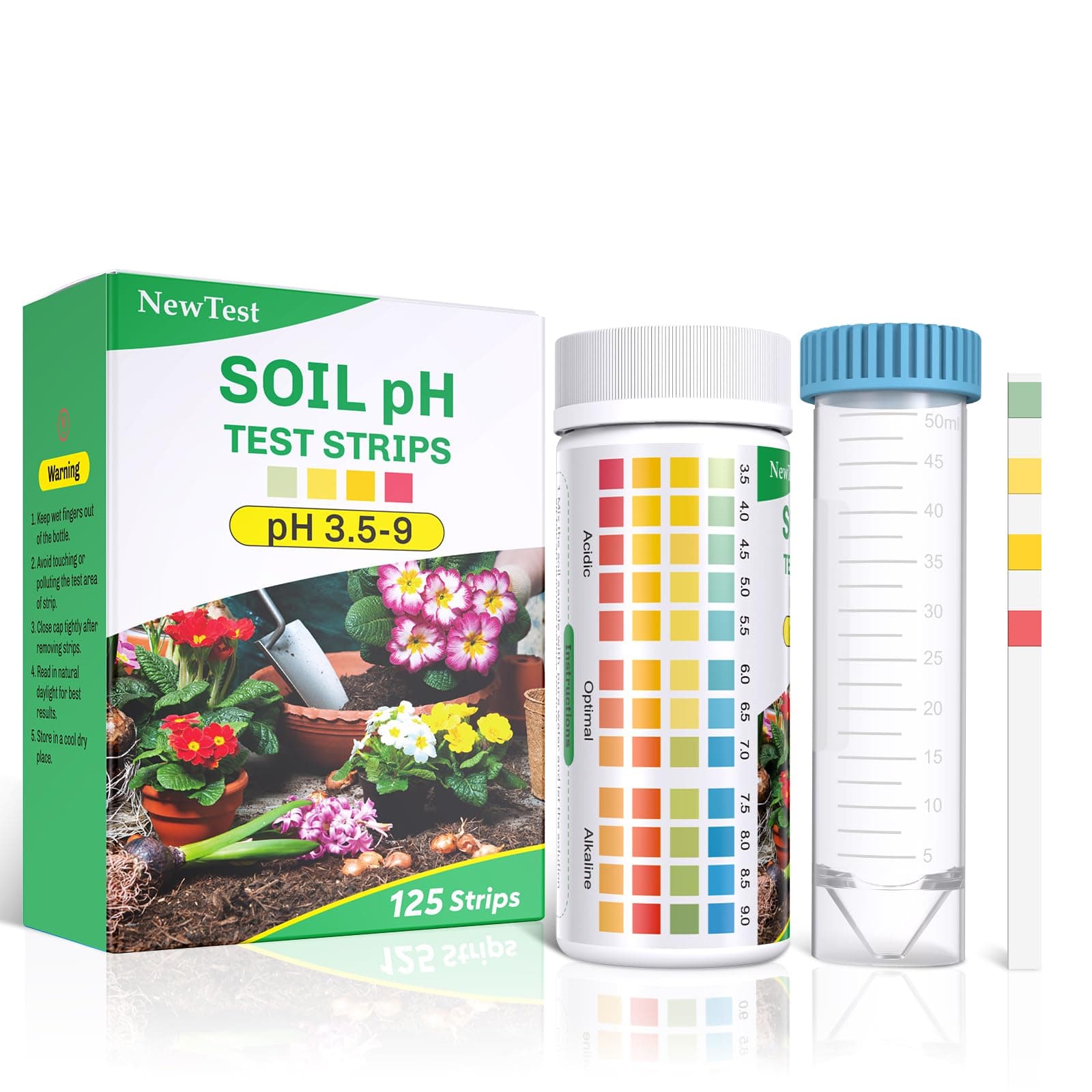 NewTest Soil pH Test Kit: Upgraded 125 Soil pH Test Strips with Measuring Cylinders for Accurate Testing pH Level of Garden Lawn Grass Flower Vegetable Compost Dirt