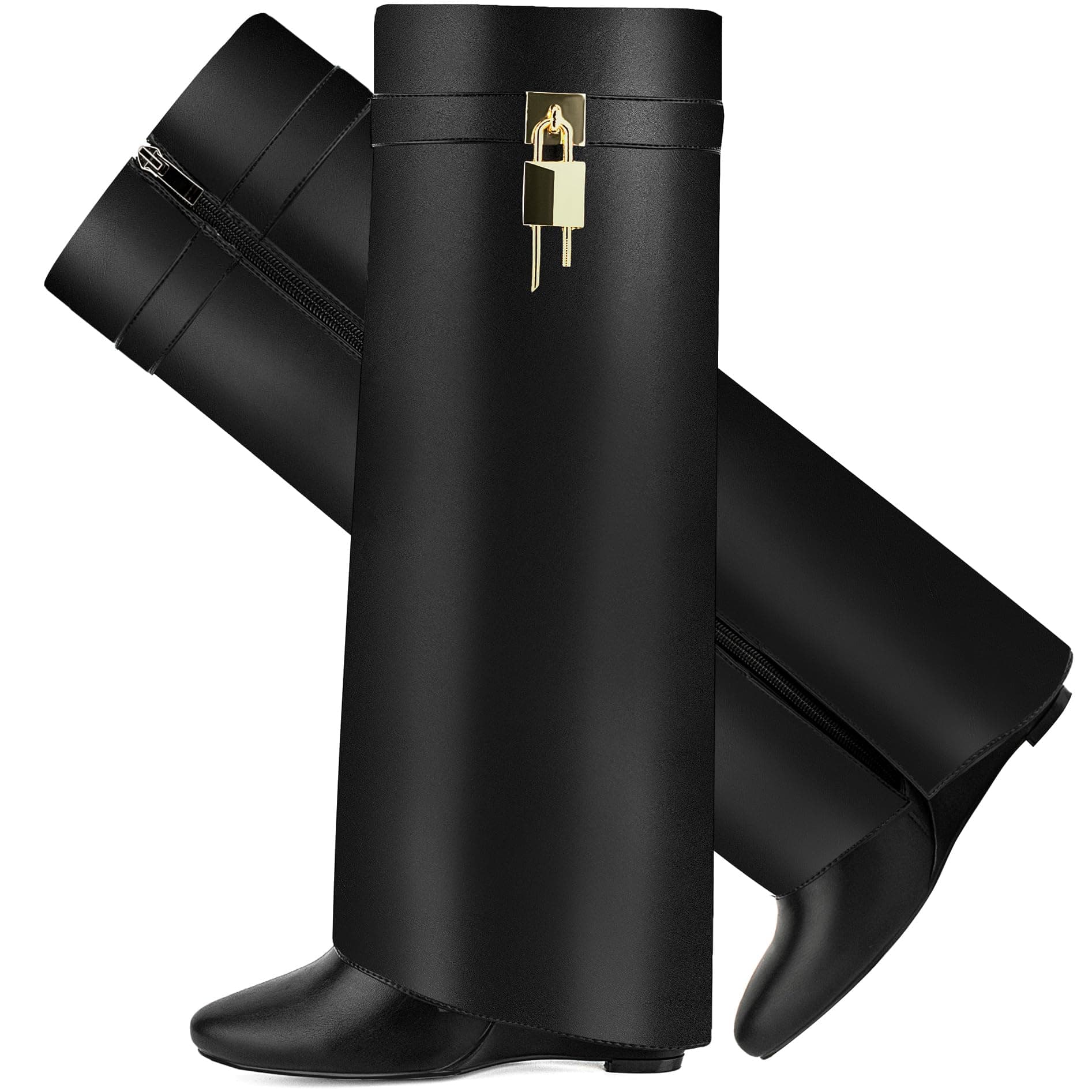 Fold Over Boots for Women Pointy Pull-on Wedge Heel Knee Shark Boot With Side Zipper Padlock Design