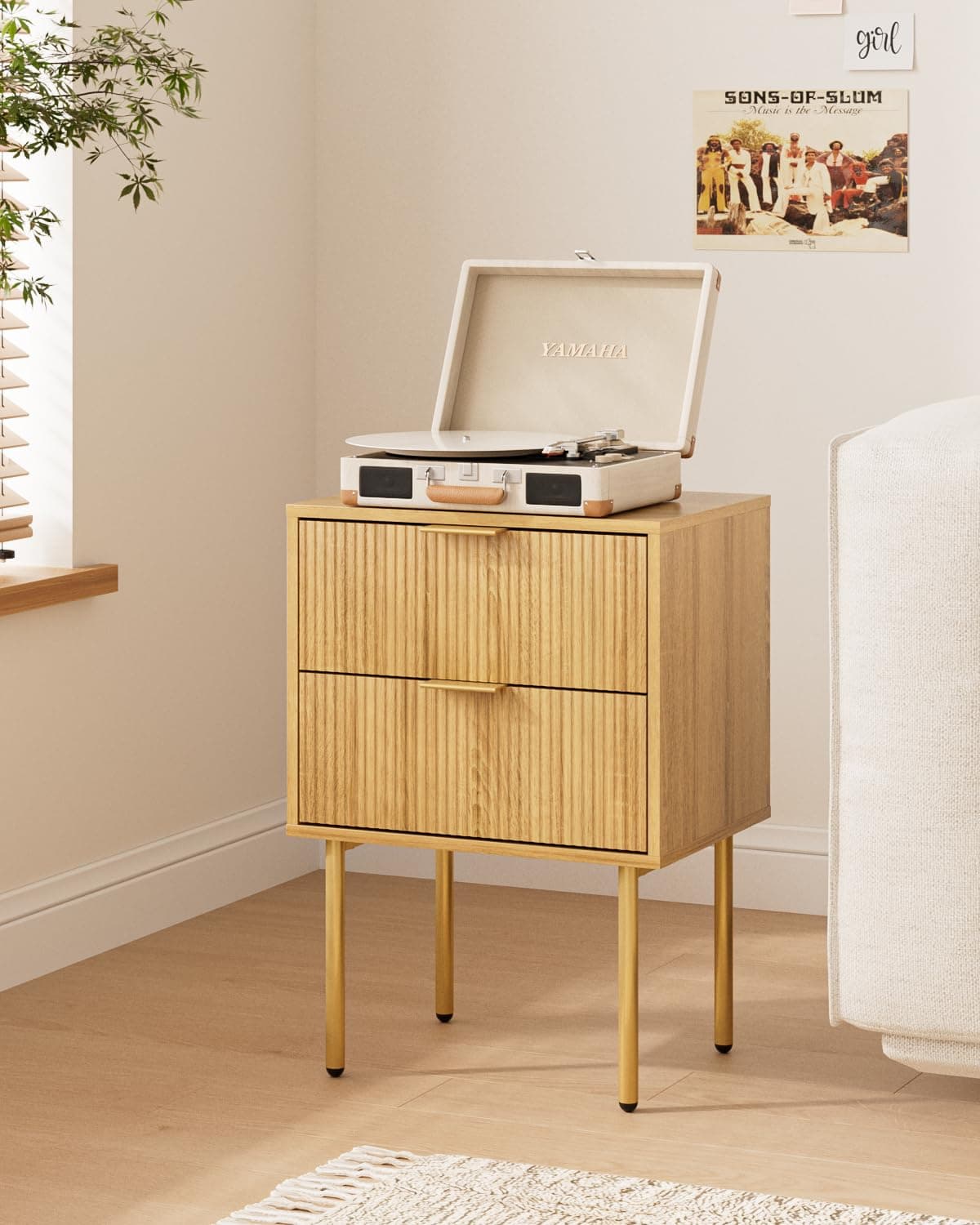 Nightstand,Morden Bedside Table with Gold Frame,Small Night Stand,End Table,Bedside Furniture,Side Table with 2Drawers for Bedroom,Living Room (2Drawers, Oak)