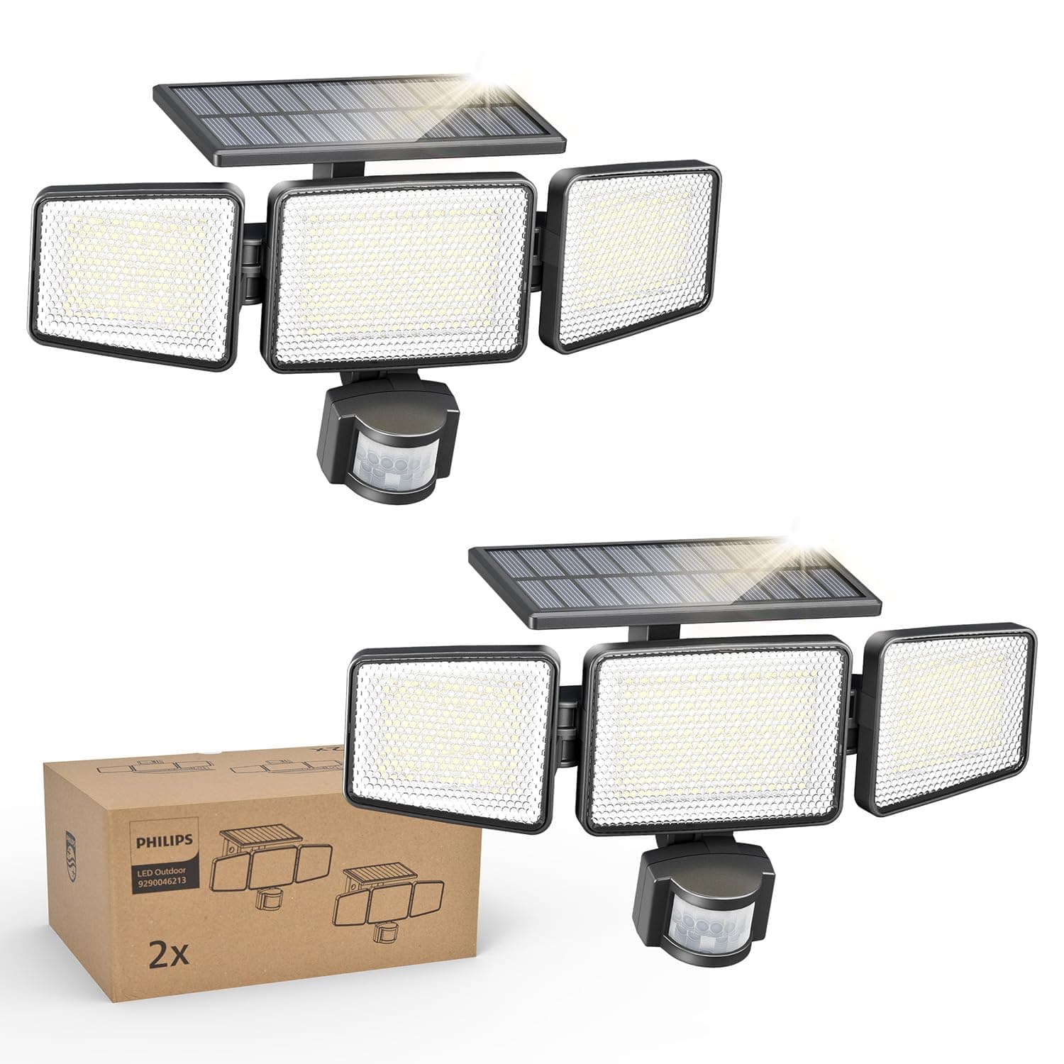 Philips Solar Security Light Outdoor Light 302 LED 1200lm,Solar-Powered Waterproof Wall-Mounted Flood Light w/PIR Motion Sensor, 3 Heads, IP65 Waterproof, 3 Modes (2)