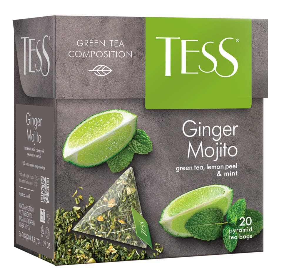 Tess Ginger Mojito Green Tea Composition Lemon Peel and Mint Leaf Tea in 20 Pyramid Sachets