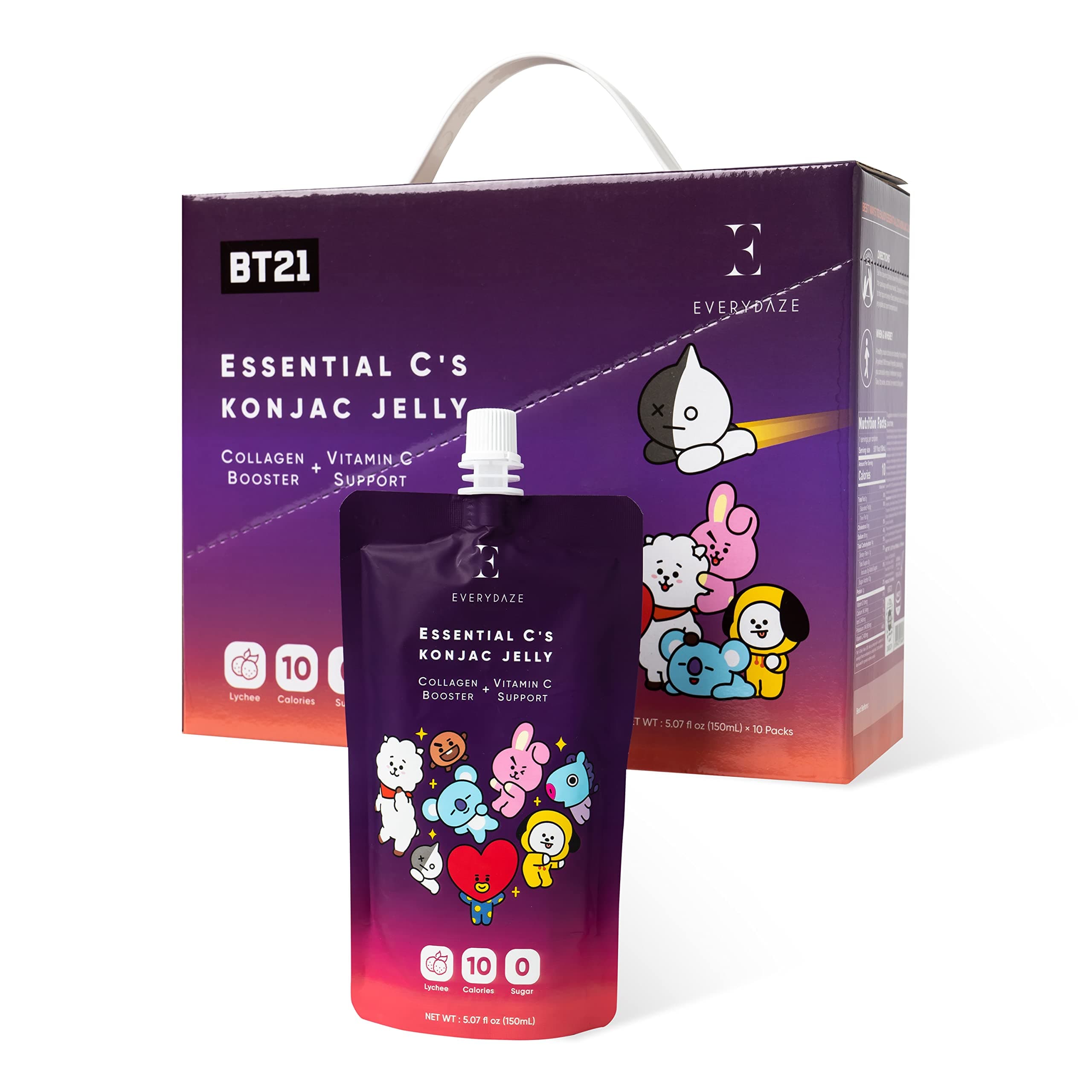 BT21 Essential C’s Collagen + Vitamin C Konjac Jelly | Vegan, 10 Calories, 0 Sugar | Lychee | 10 Packs | Healthy Diet Pouch Drinkable Snack Drink, Weight Management