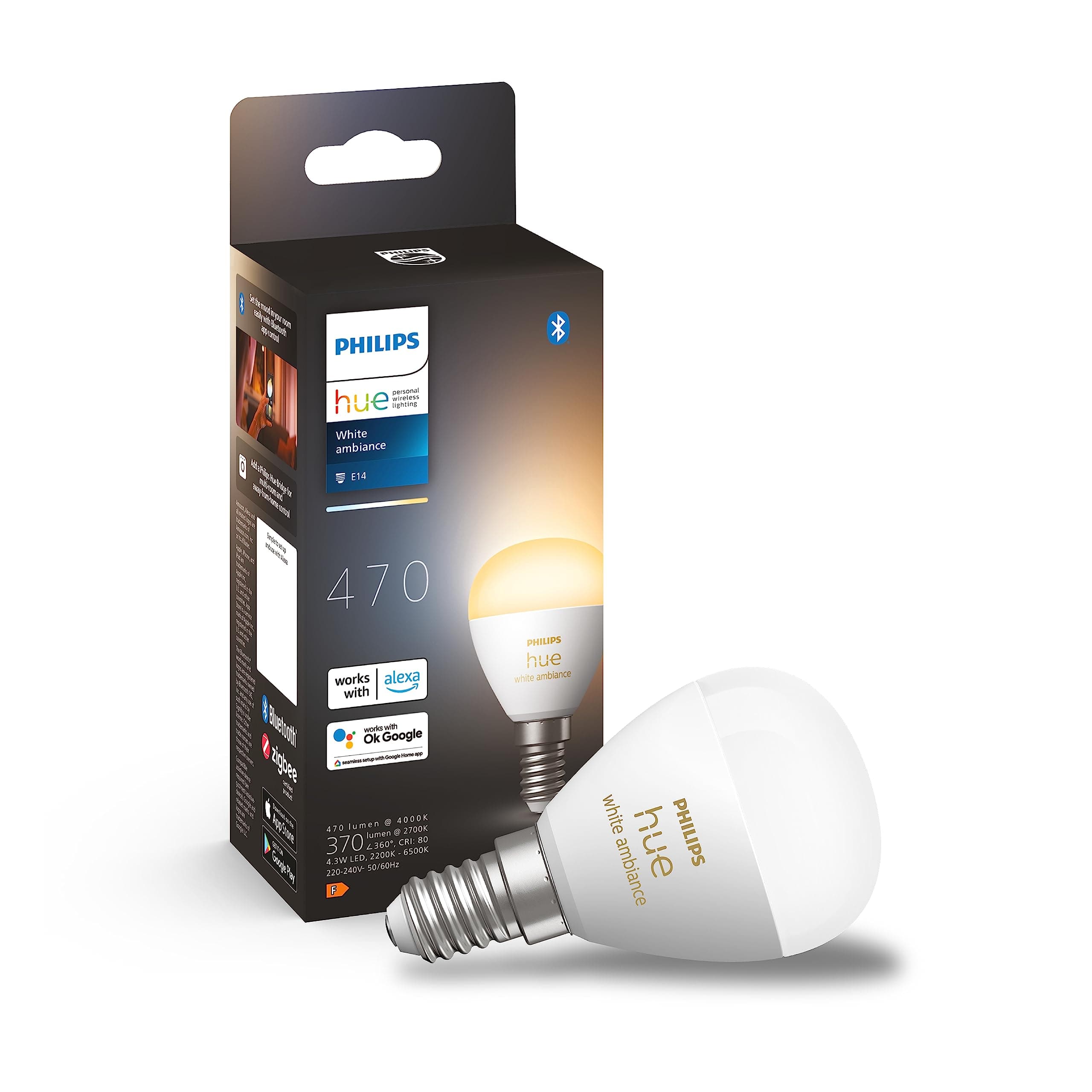 Philips Hue White, E27 LED Smart Bulb, 806 Lumens, Bluetooth Compatible, Works with Alexa, 2 Pack