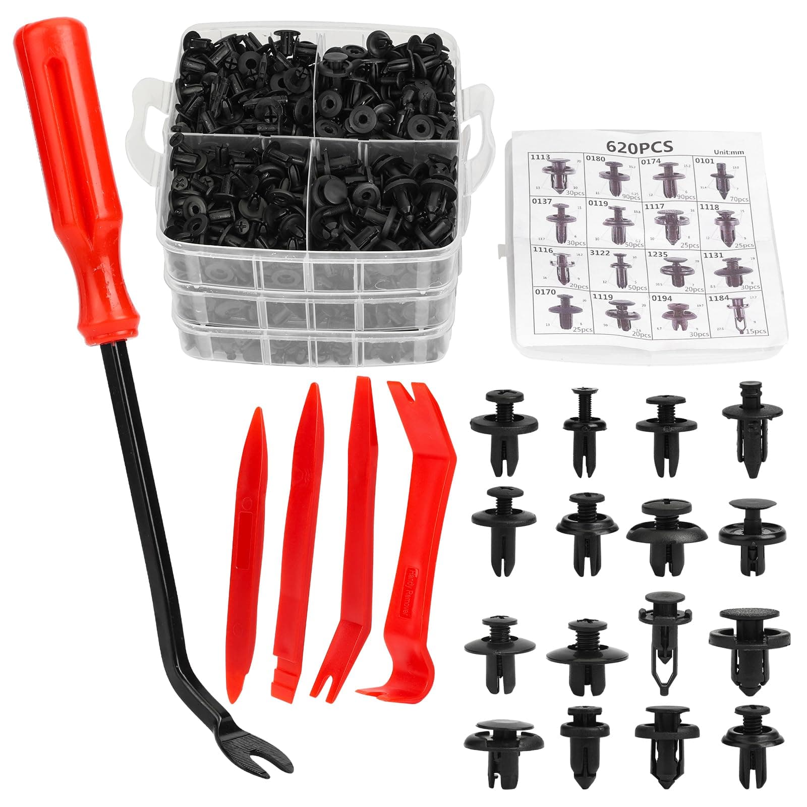 620pcs Push-Type Retainer Clips, Bumper Fender Nylon Rivets of 16 Most Popular Sizes and 5 Fastener Removers for Toyota GM Ford Honda Acura Chrysler